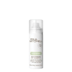 Paul Mitchell Multitasking Dry Shampoo bottle showing oil absorption at roots