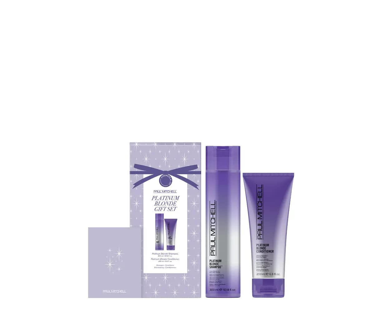 Paul Mitchell Platinum Blonde gift set box with violet shampoo and conditioner, cools brassiness and freshens hair.