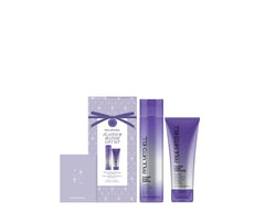 Paul Mitchell Platinum Blonde gift set box with violet shampoo and conditioner, cools brassiness and freshens hair.