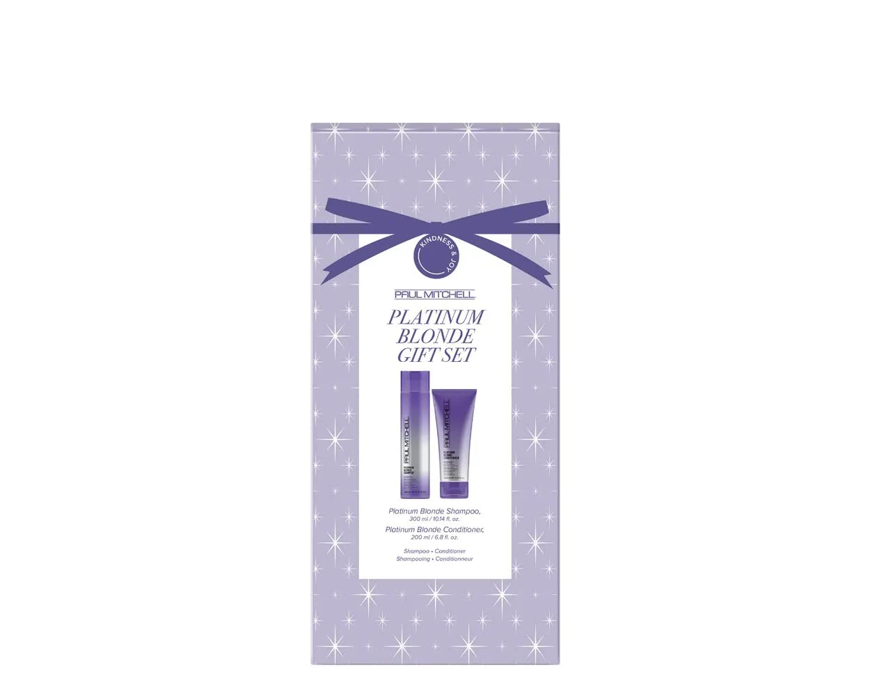 Paul Mitchell Platinum Blonde violet shampoo and conditioner bottles, helps maintain cool tones and soft manageability.