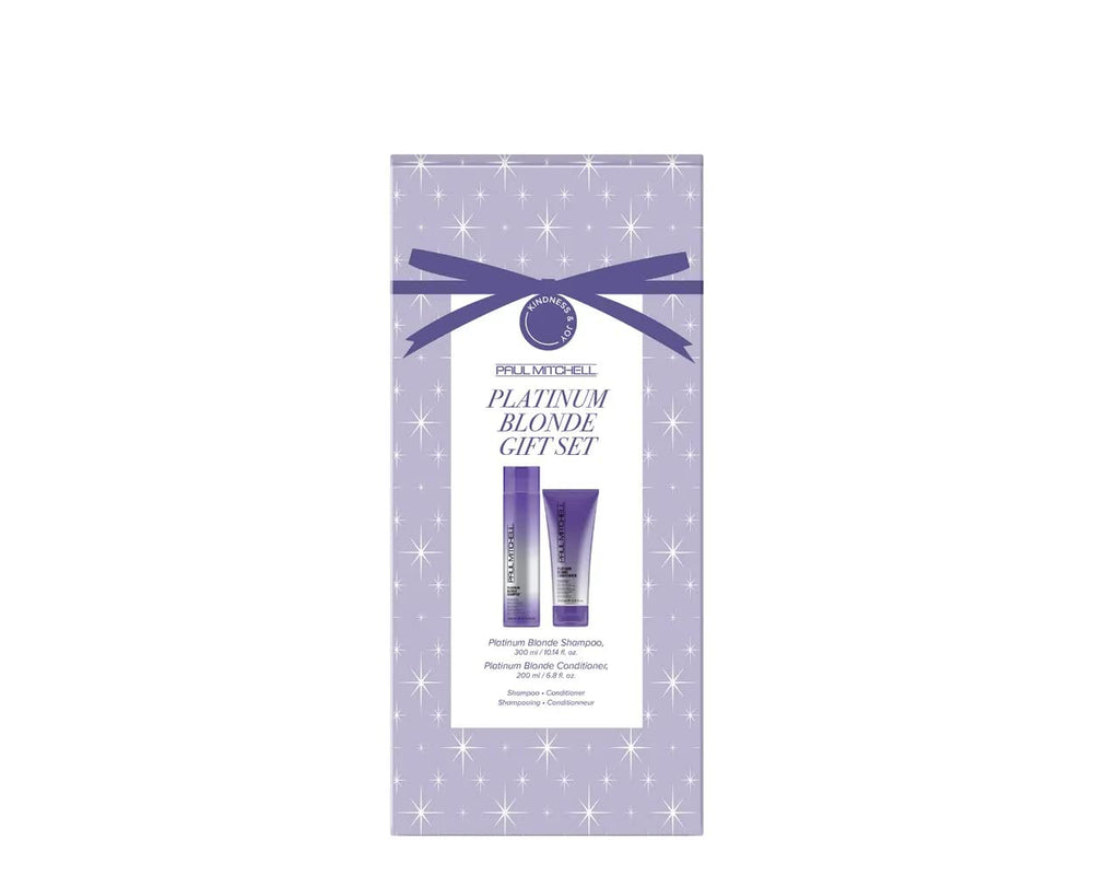 Paul Mitchell Platinum Blonde violet shampoo and conditioner bottles, helps maintain cool tones and soft manageability.