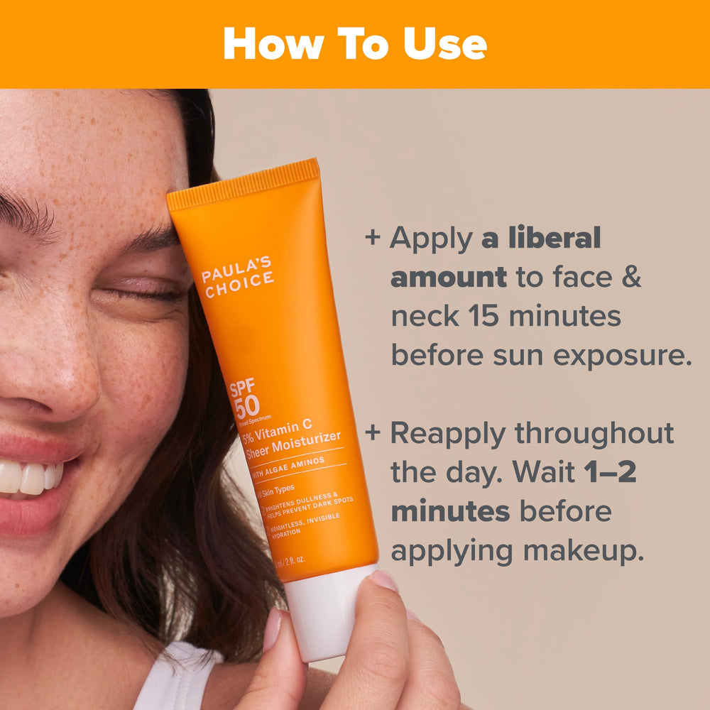Paula's Choice 5% Vitamin C Sheer Sunscreen being applied to the skin for quick protection.