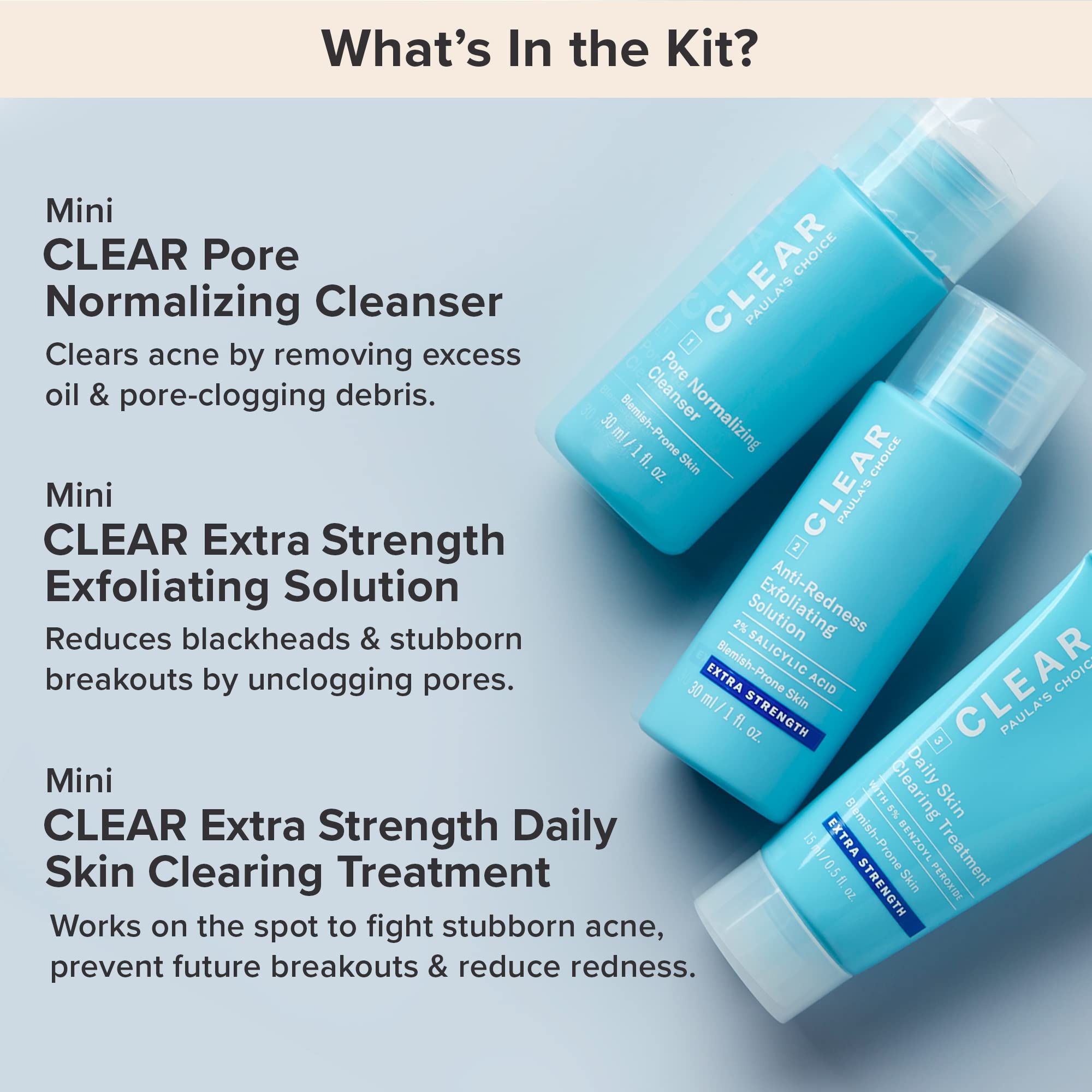 Paula's Choice CLEAR travel kit close-up showing compact, travel-friendly packaging.