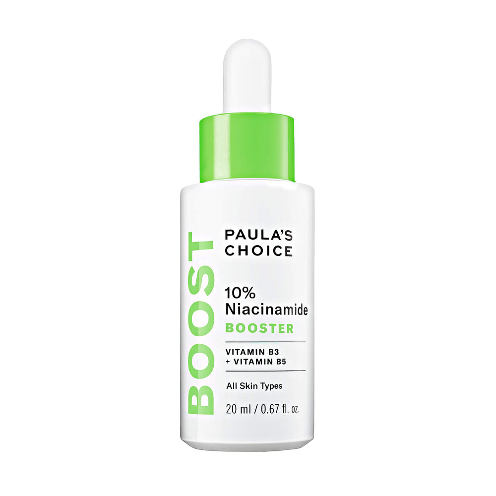 Paula's Choice BOOST bottle shows fragrance-free serum designed to minimize pores and even tone