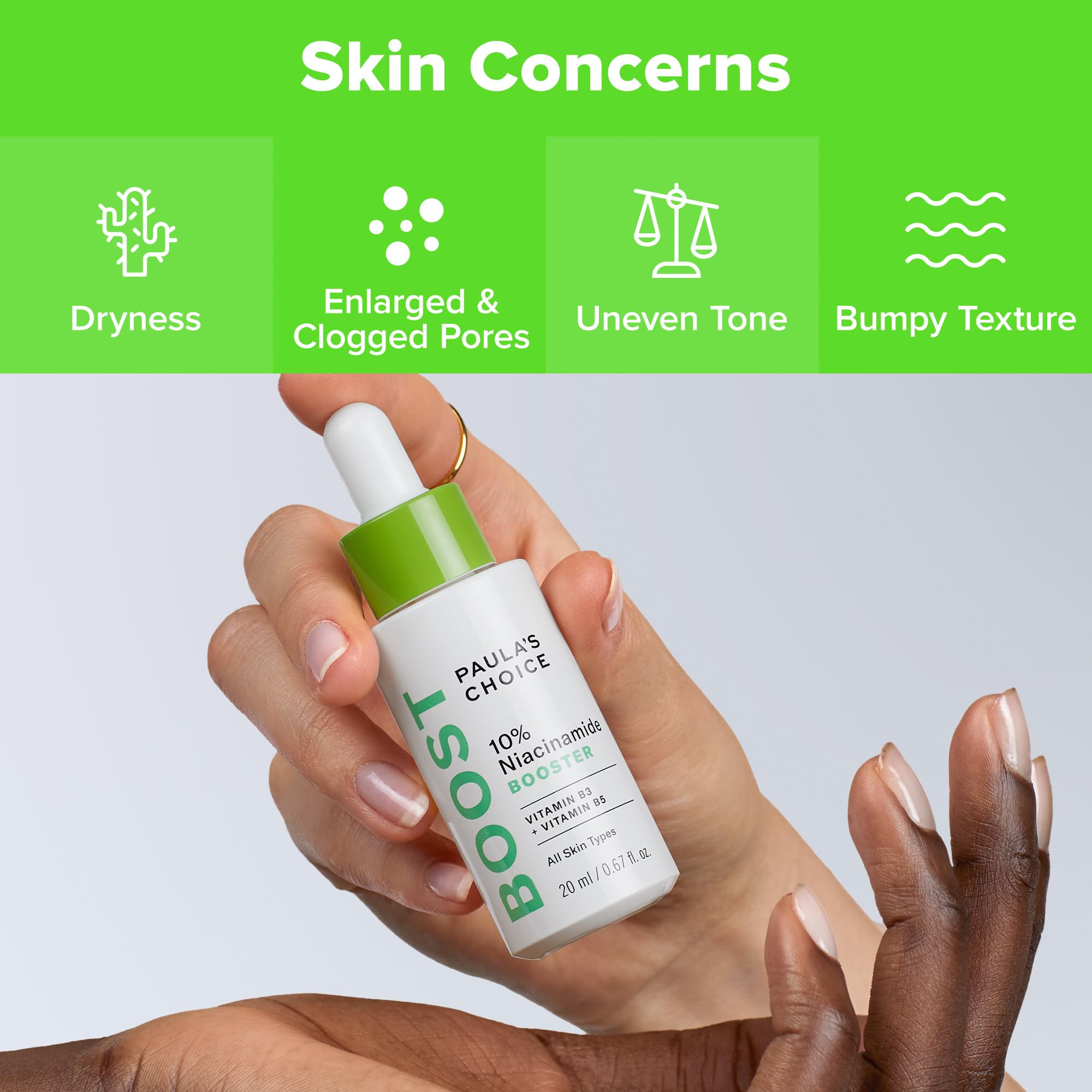 Visual of Paula's Choice BOOST ingredients including niacinamide, vitamin C, licorice extract