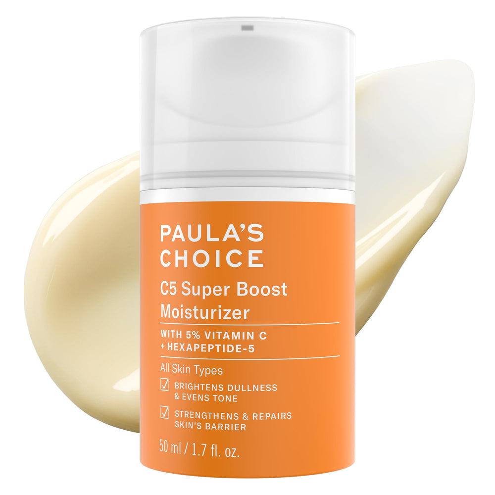 Paula's Choice C5 Super Boost bottle front shows fragrance-free daily moisturizer for all skin types.