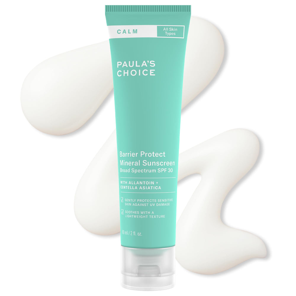 Paula's Choice CALM Barrier Protect bottle of mineral sunscreen for sensitive skin.