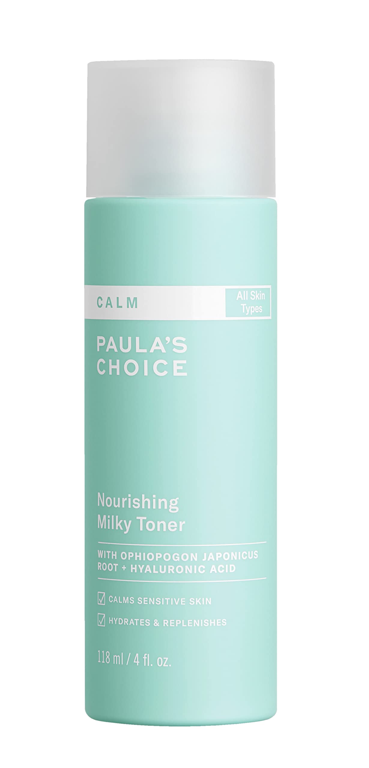 Paula's Choice Calm Nourishing Milky Toner bottle provides gentle, fragrance-free hydration for sensitive skin.