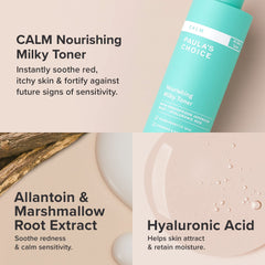 Closeup of Paula's Choice Calm Nourishing Milky Toner label emphasizing fragrance-free formula.