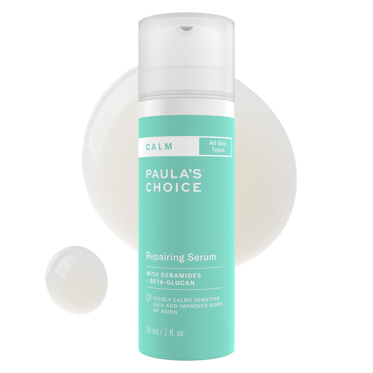 Paula's Choice Calm Repairing Serum bottle pump for easy, hydrating daily use