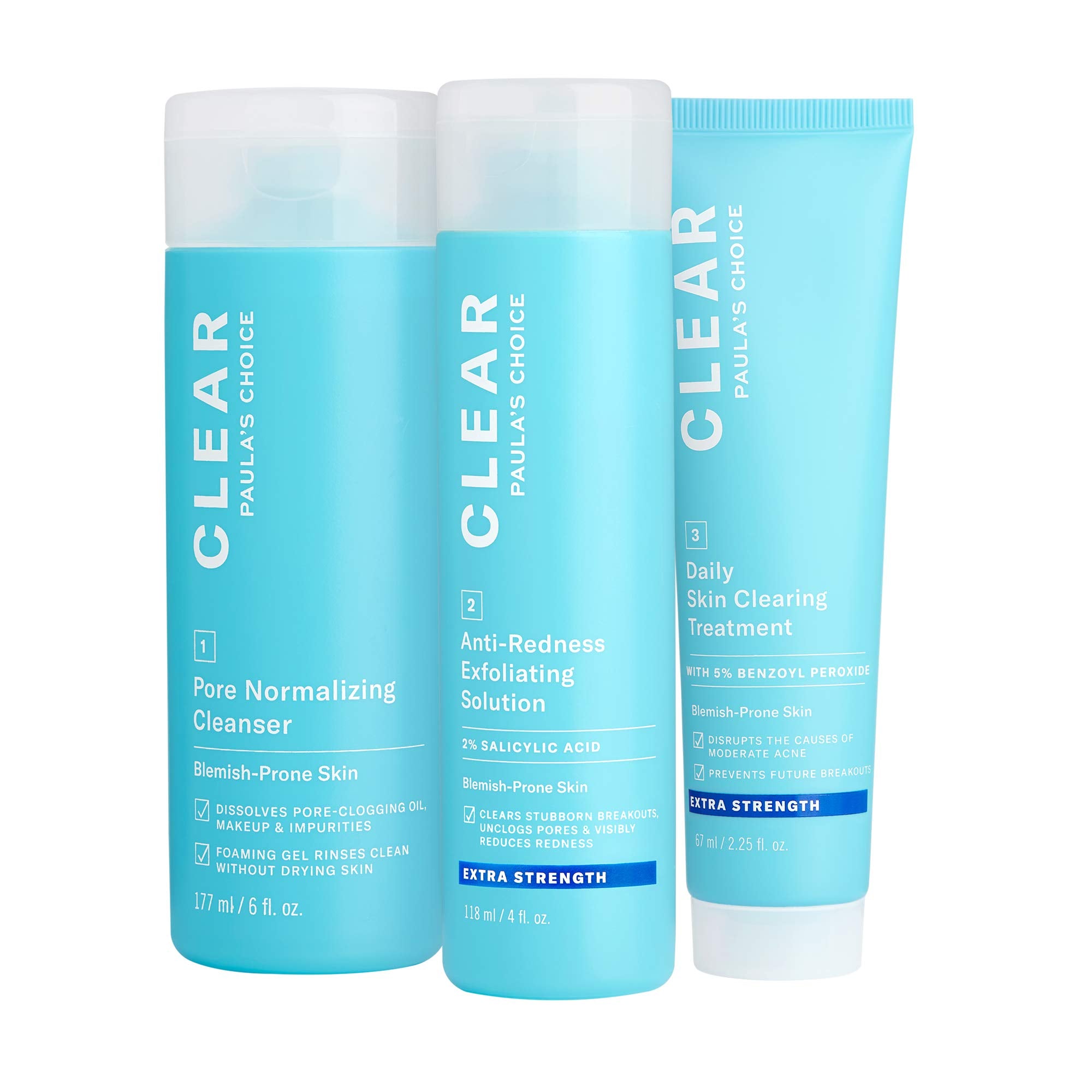 Paula's Choice CLEAR Extra Strength Acne Kit packaging showing the three-step routine for clearer skin.