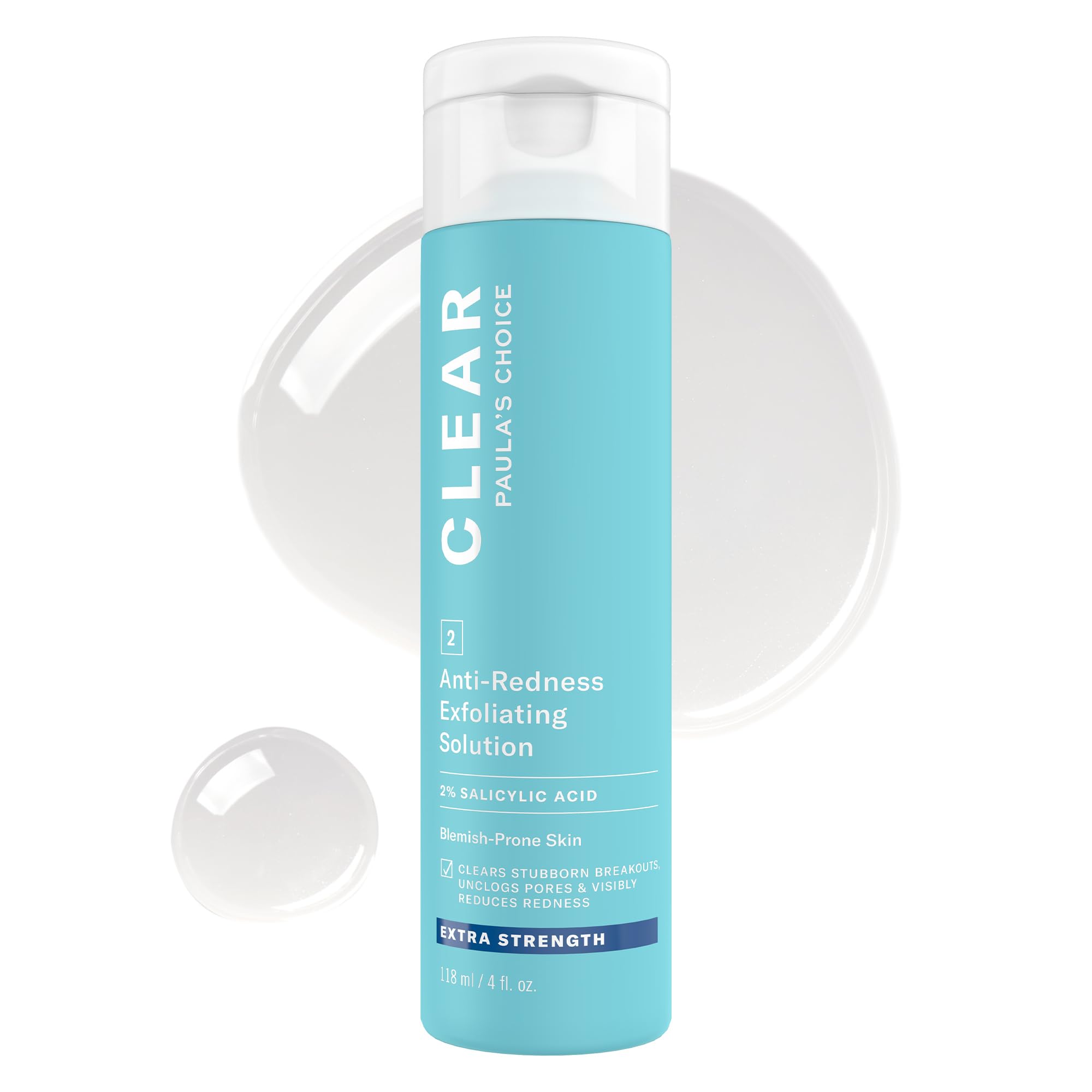 Paula's Choice CLEAR Extra Strength Exfoliator bottle with 2% salicylic acid for acne-prone skin.
