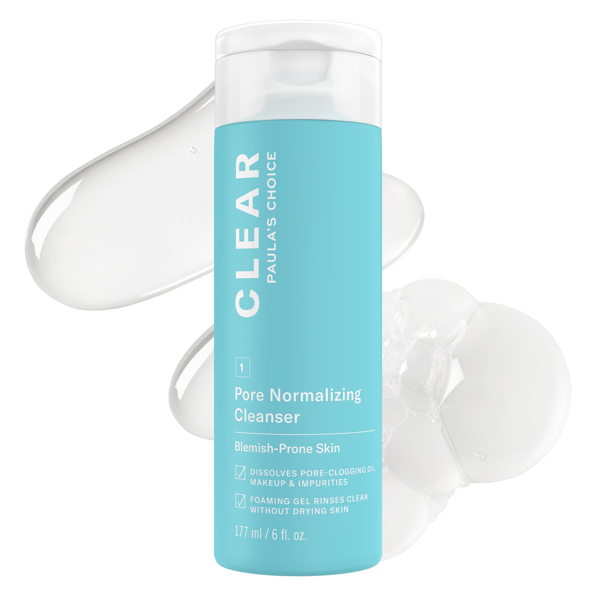 Paula's Choice CLEAR Pore Normalizing Cleanser bottle showing refreshing gel texture for acne-prone skin.