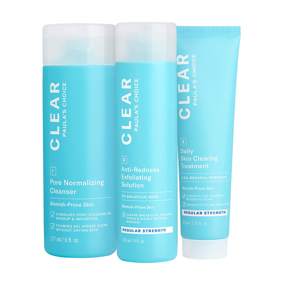 Paula's Choice CLEAR kit packaging highlights fragrance-free, science-backed routine for clearer skin.