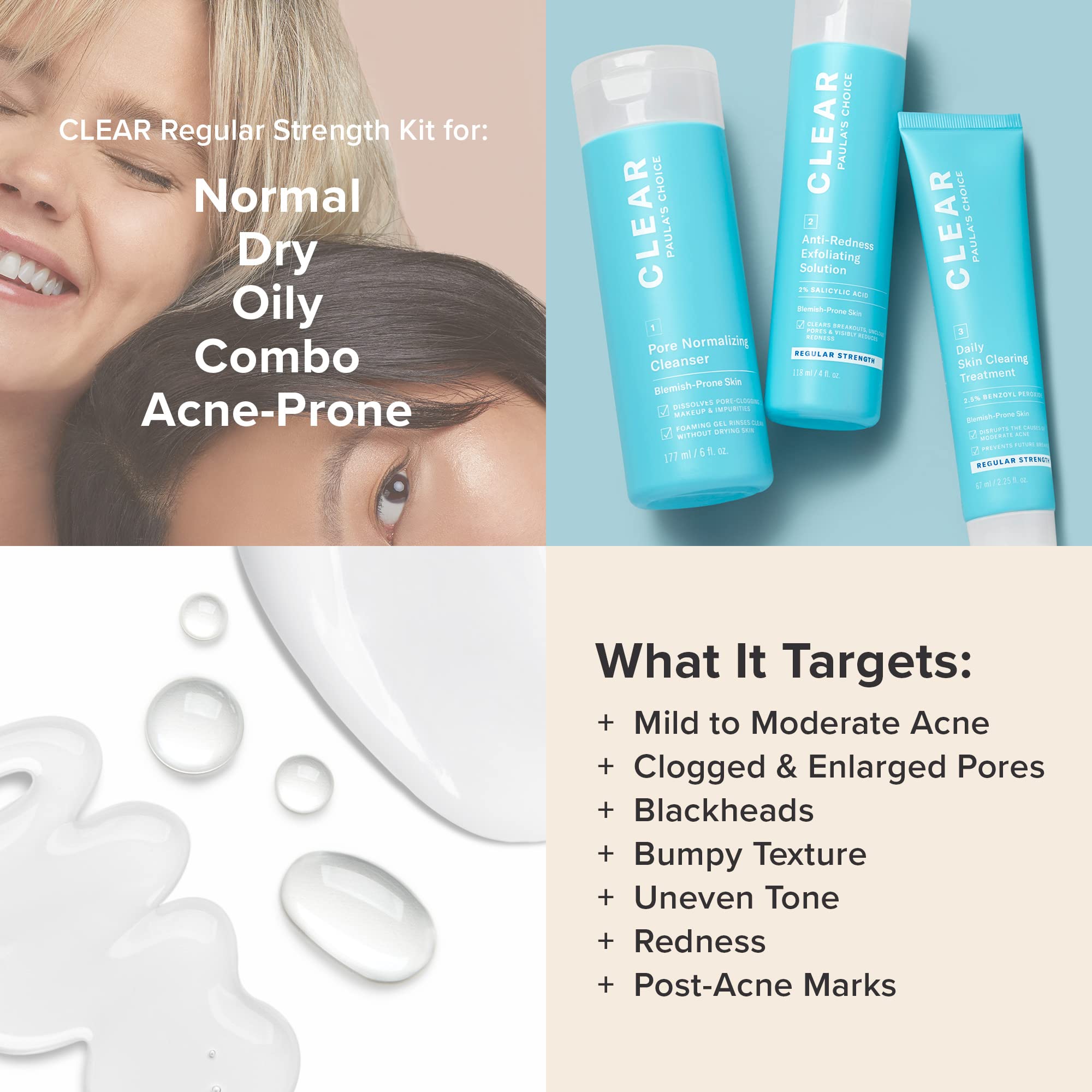 Paula's Choice CLEAR kit texture close-up suggests gentle, non-irritating formulation.