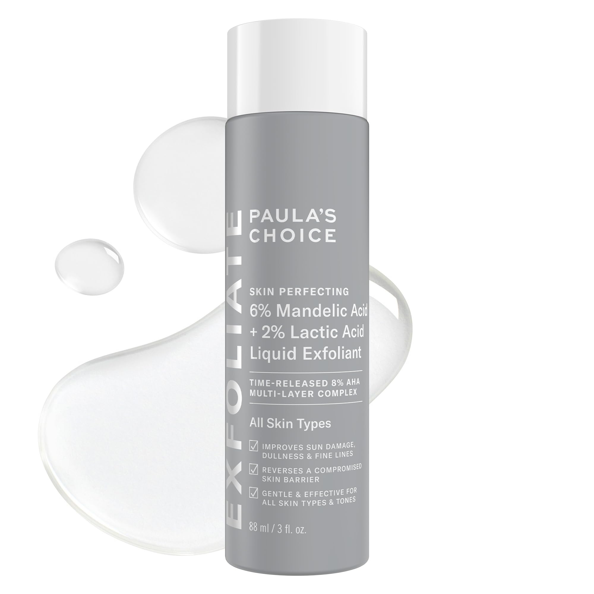 Paula's Choice exfoliant bottle shows 6% mandelic and 2% lactic acids for smoother skin.