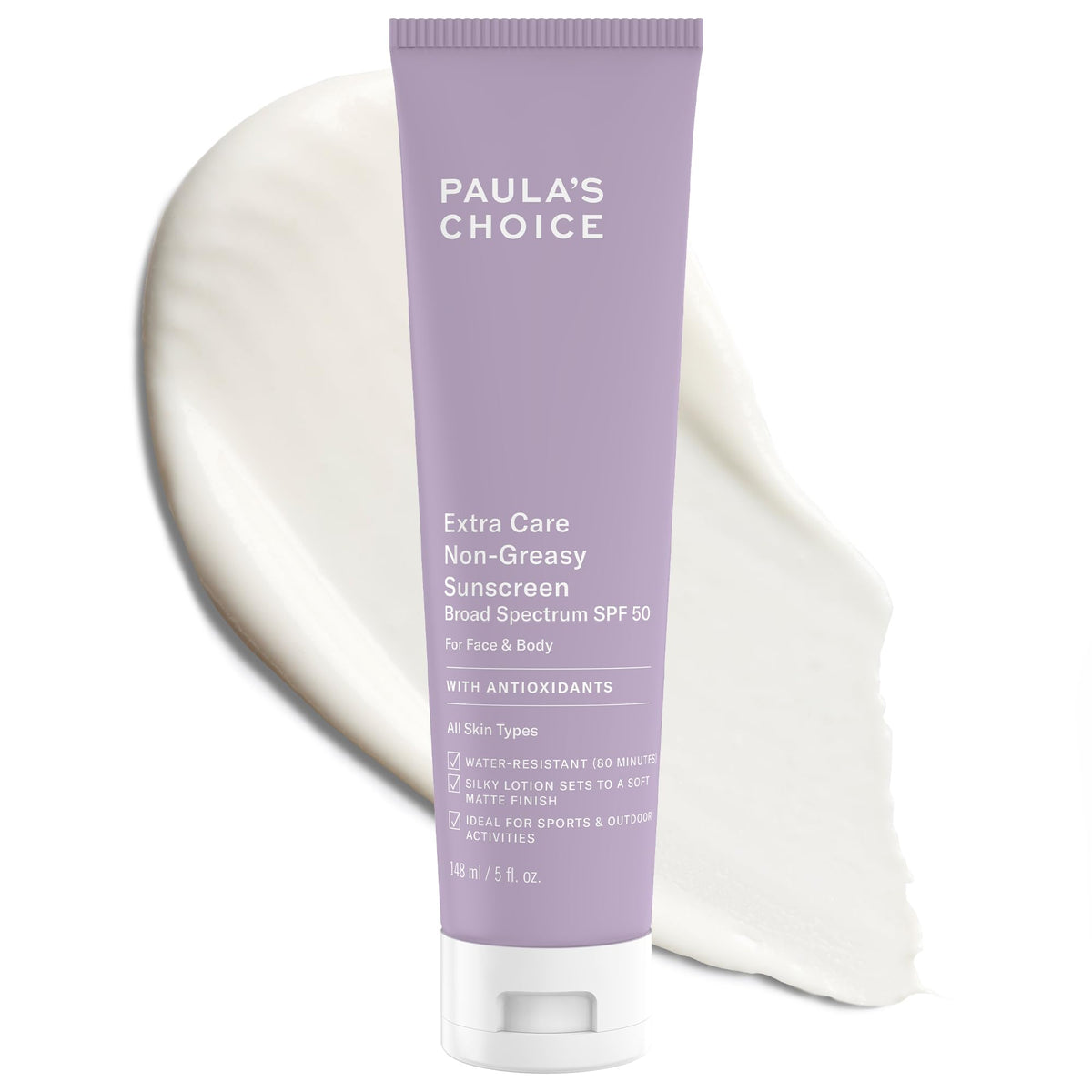 Paula's Choice Extra Care oil-free sunscreen face bottle offering SPF 50 for daily use