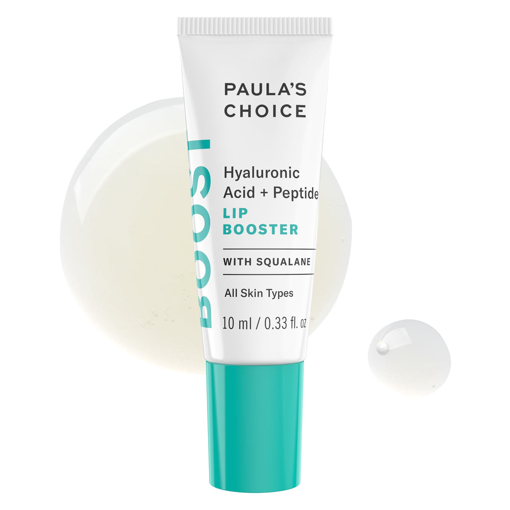 Paula's Choice Lip Booster bottle demonstrates easy application and hydrating formula.