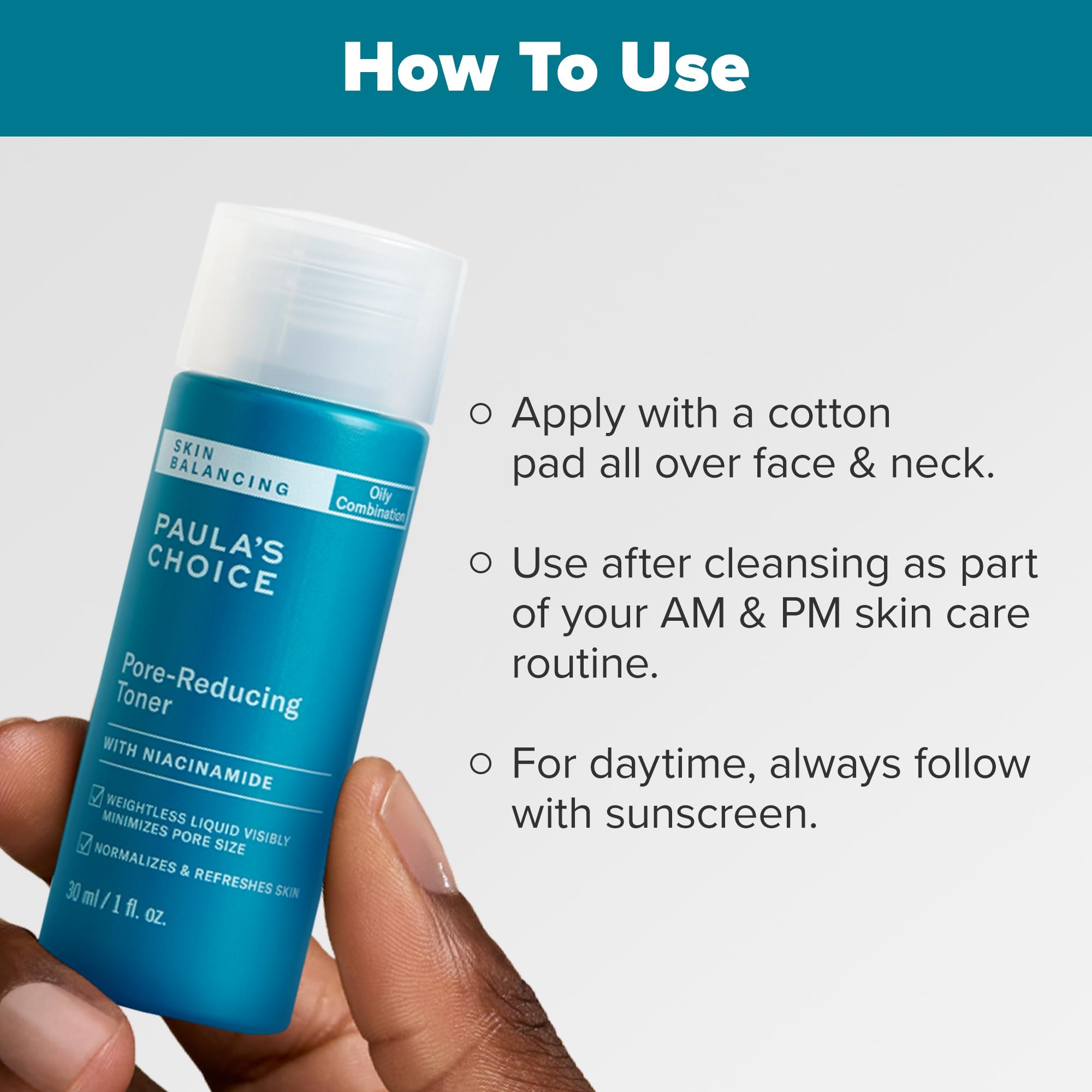 Paula's Choice Niacinamide toner close-up focusing on pores and balance.