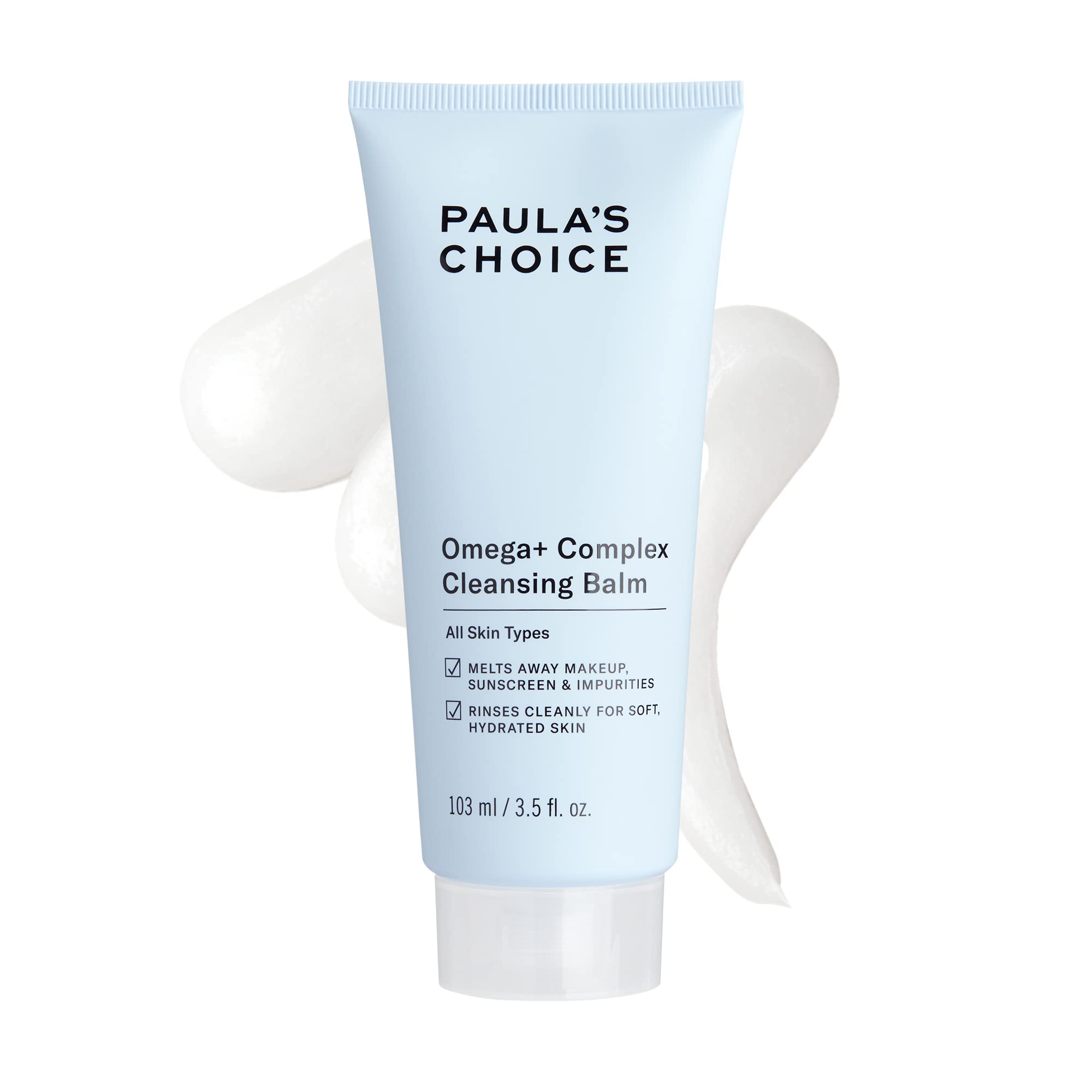 Paula's Choice Omega Complex cleansing balm jar close-up showing makeup removal texture.