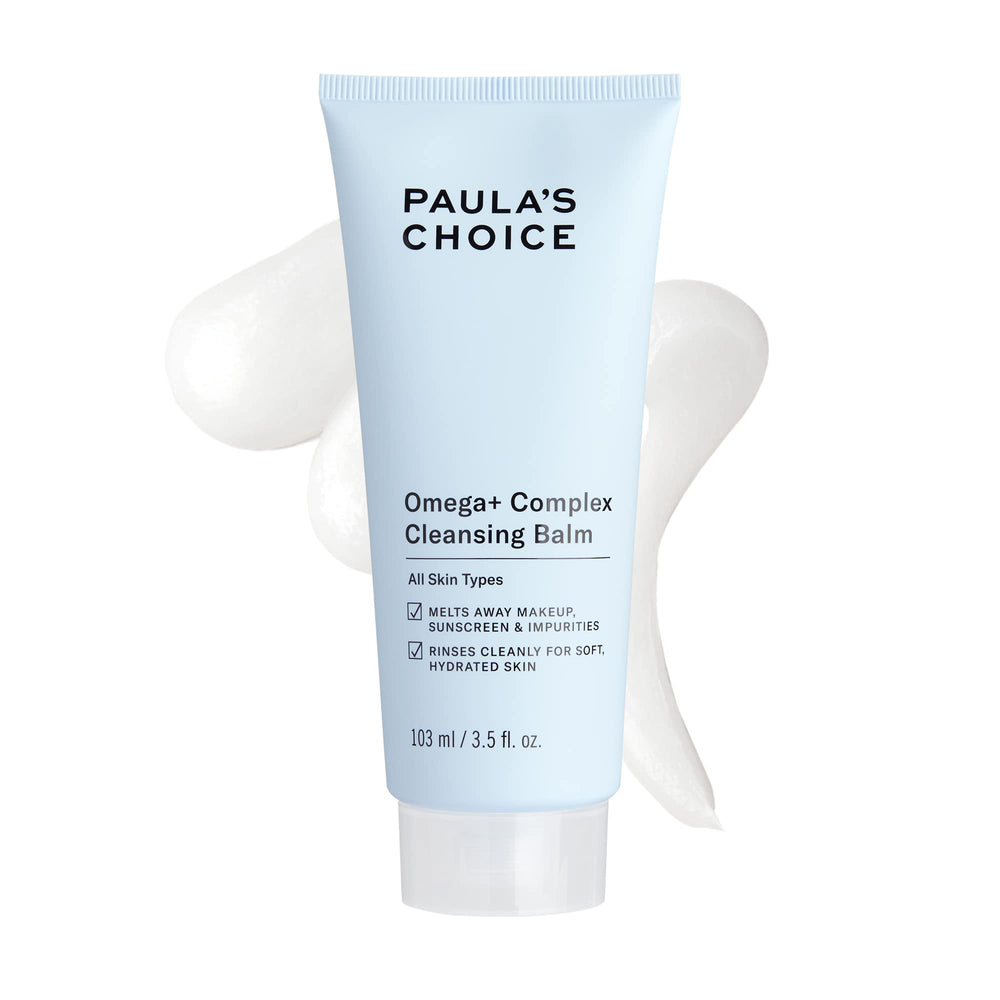 Paula's Choice Omega Complex cleansing balm jar close-up showing makeup removal texture.