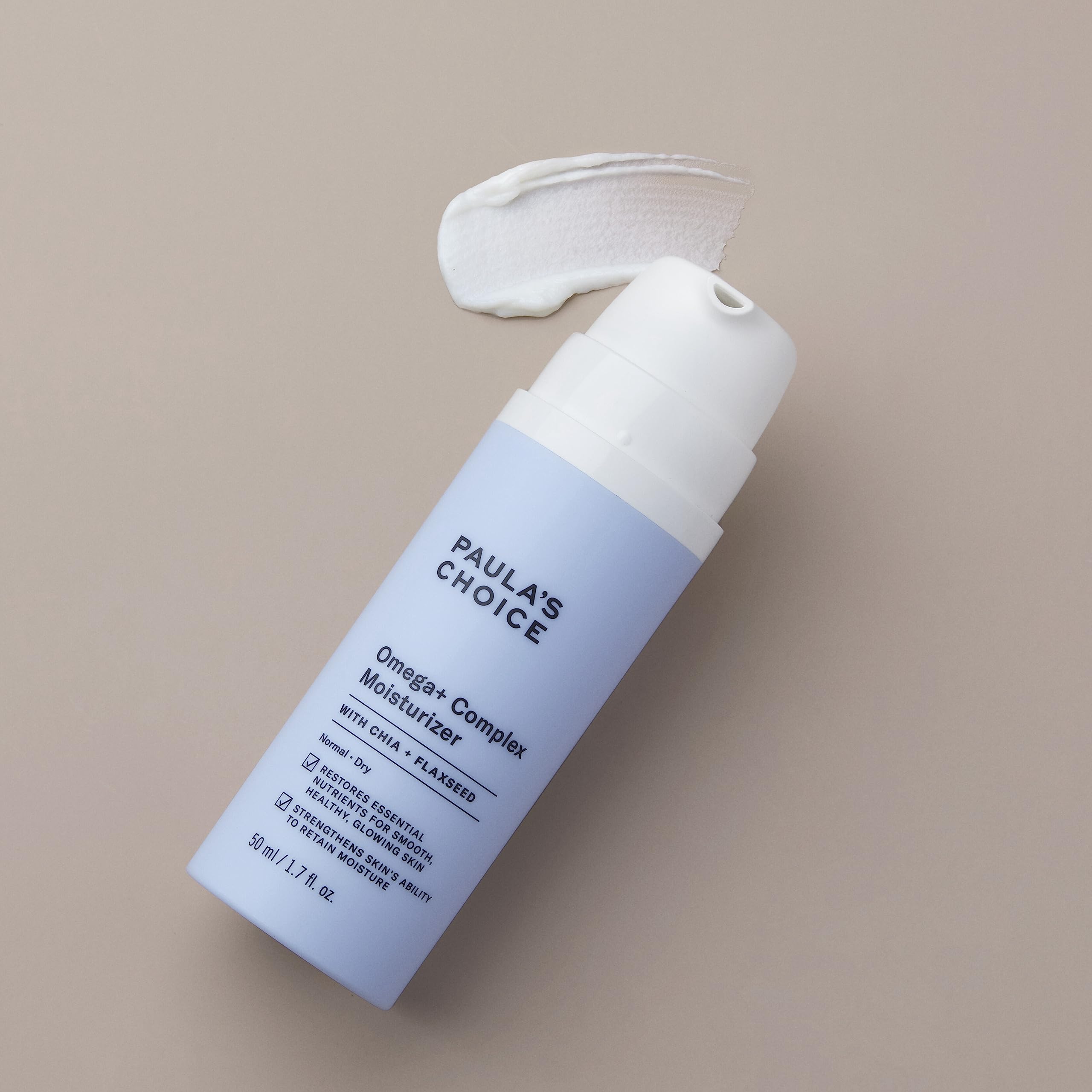 Label shot of Paula's Choice Omega+ Moisturizer fragrance-free formula