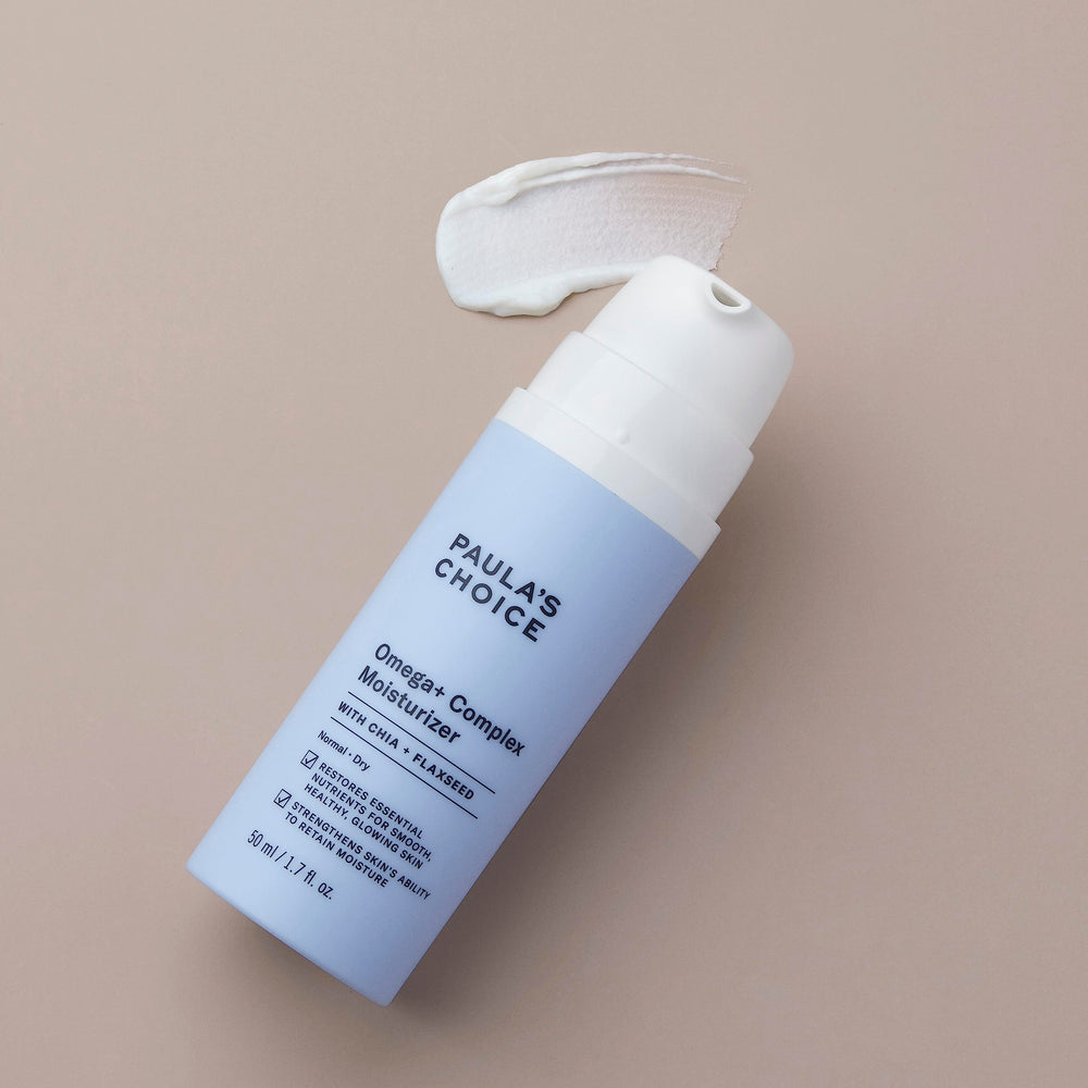 Label shot of Paula's Choice Omega+ Moisturizer fragrance-free formula