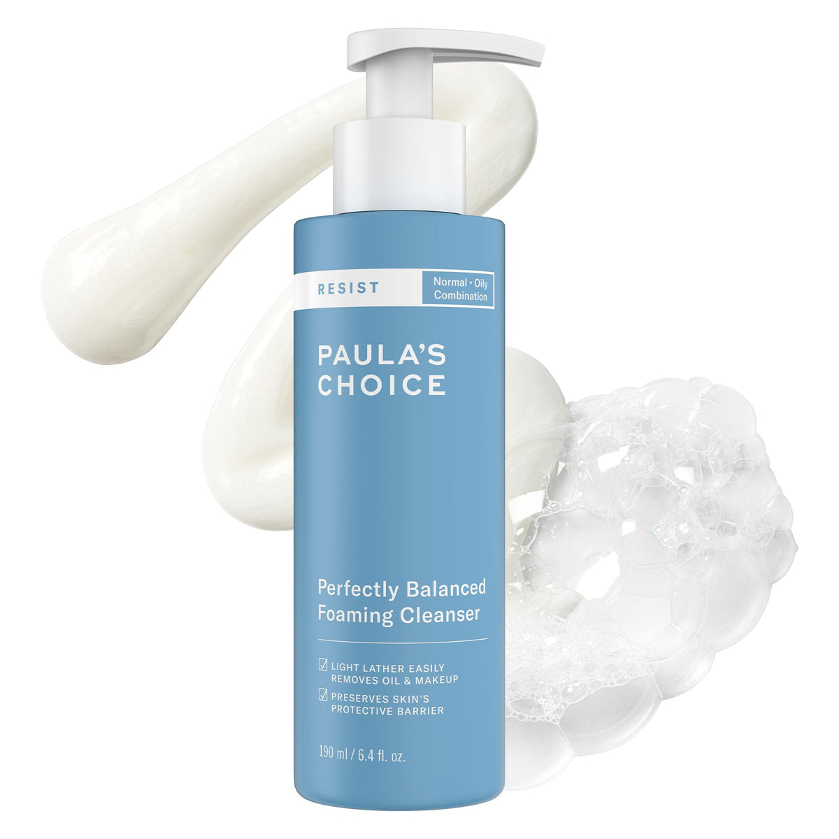 Paula's Choice RESIST Perfectly Balanced Foaming Cleanser bottle pour shows fragrance-free daily cleansing.