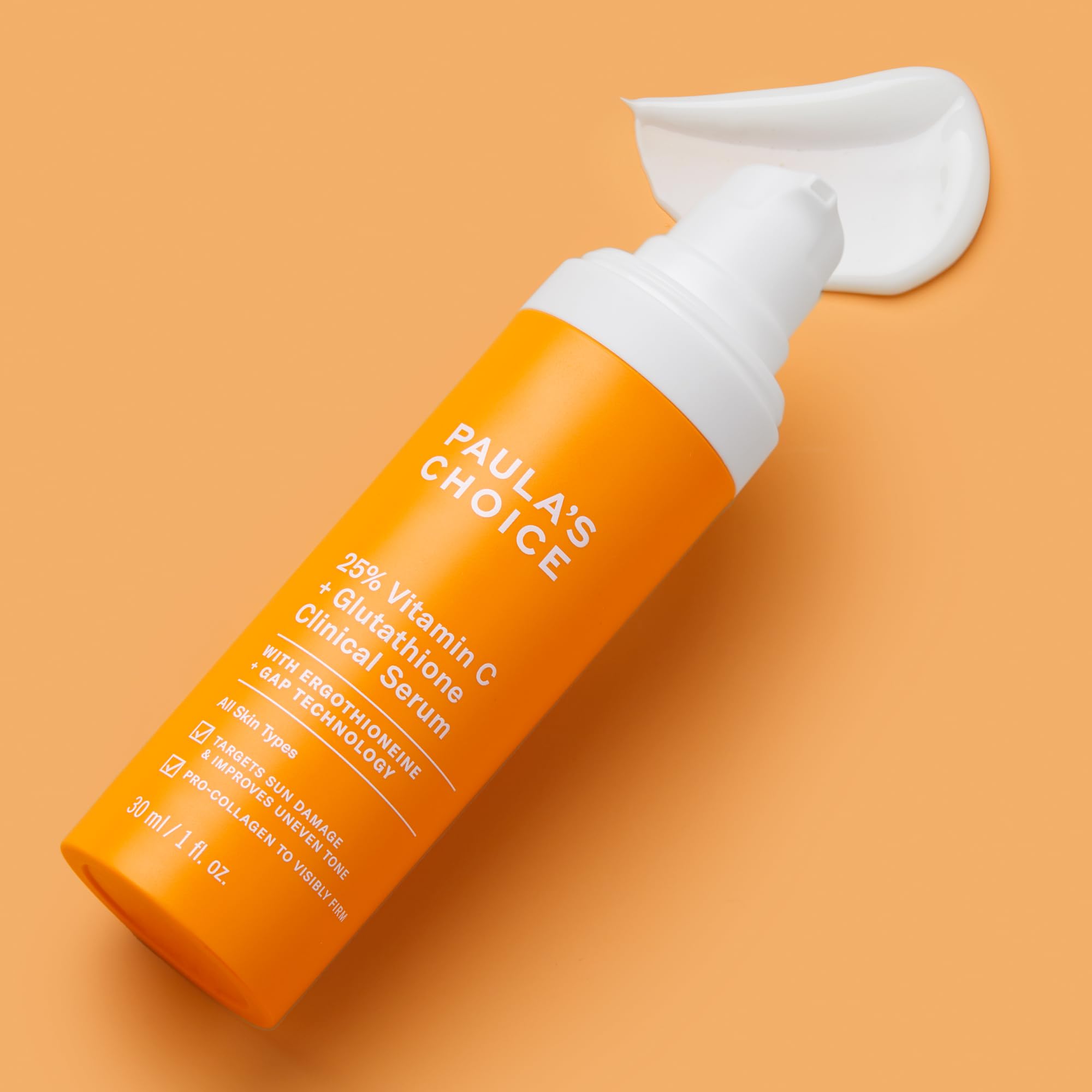 One-ounce Paula's Choice serum bottle displayed on a clean surface.