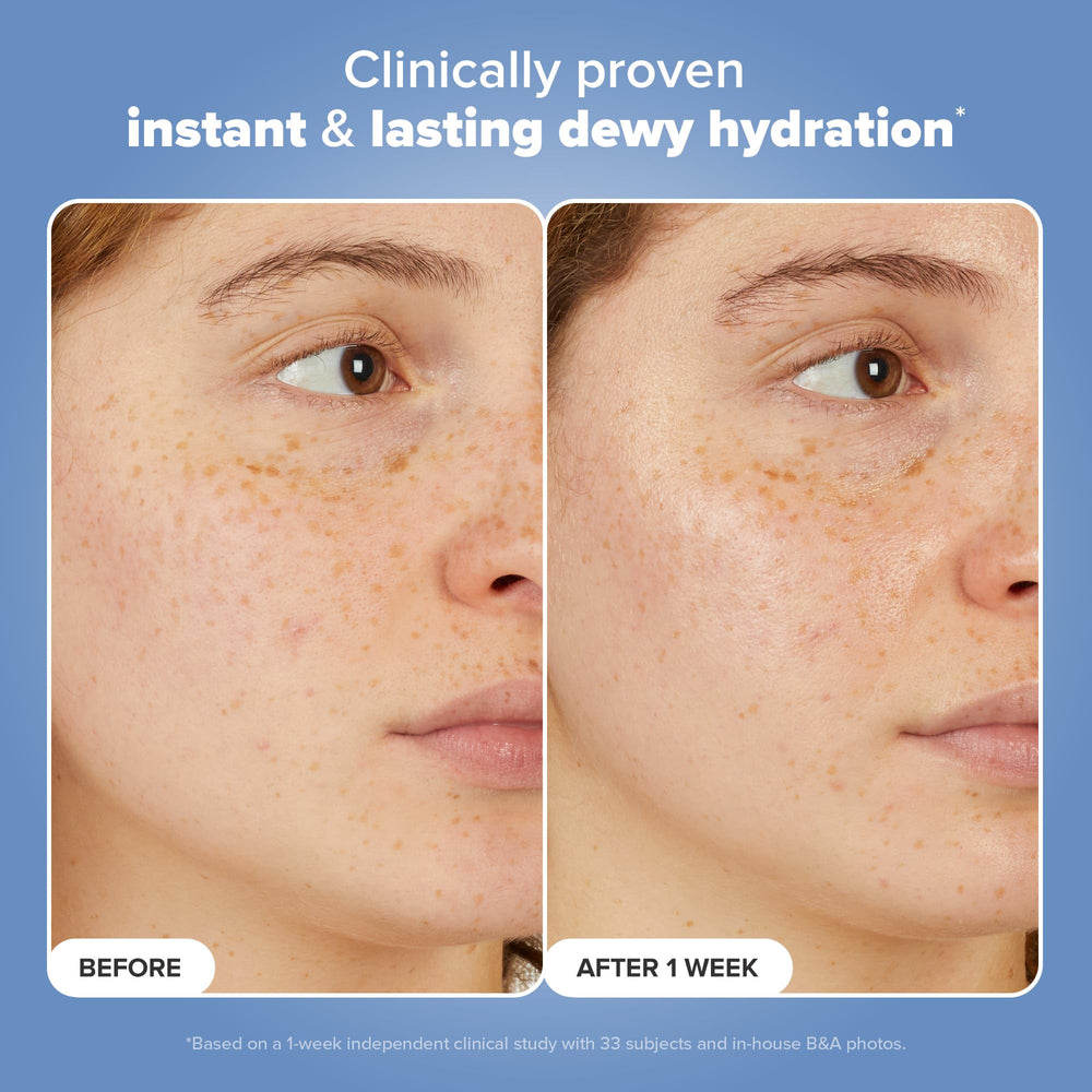 Bottle label detail emphasizes fragrance-free, dermatologist-tested hydration solution.