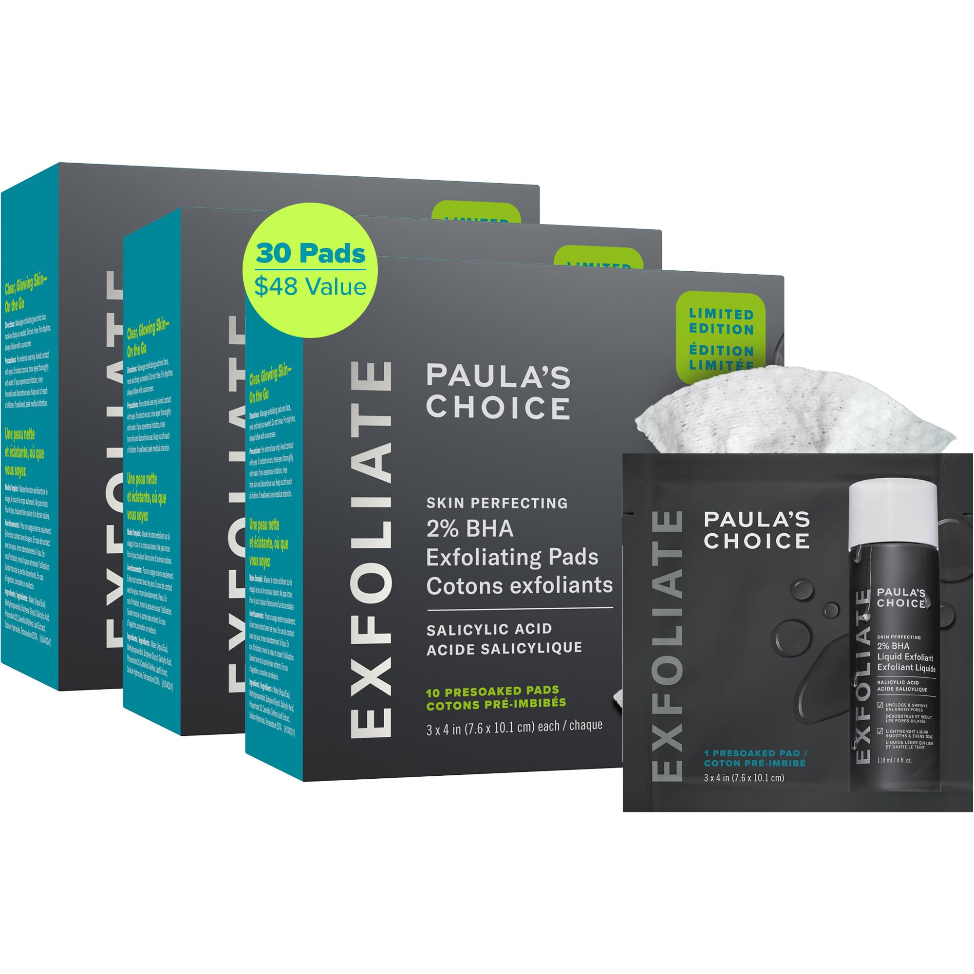 Paula's Choice Skin Perfecting pads box, travel-friendly exfoliant for clearer pores and smoother skin.