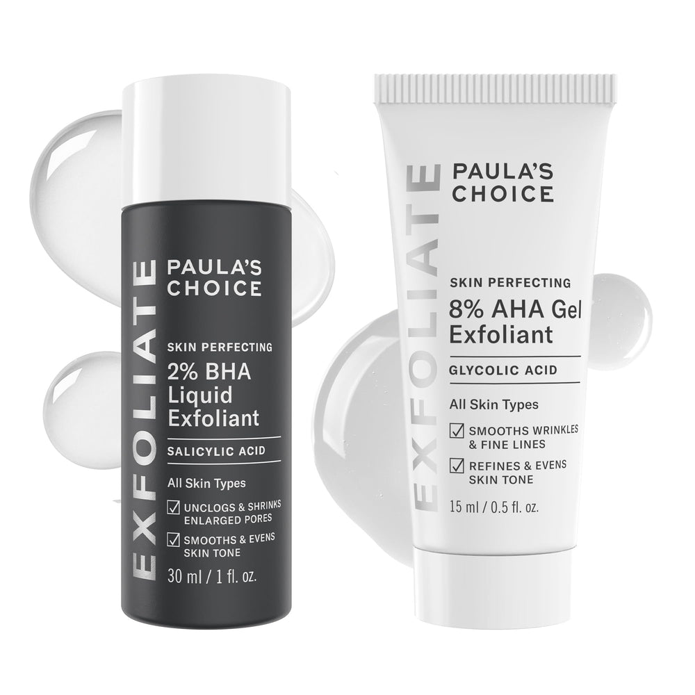 Paula's Choice Skin Perfecting 8% AHA gel travel duo bottle close-up for smoother skin.