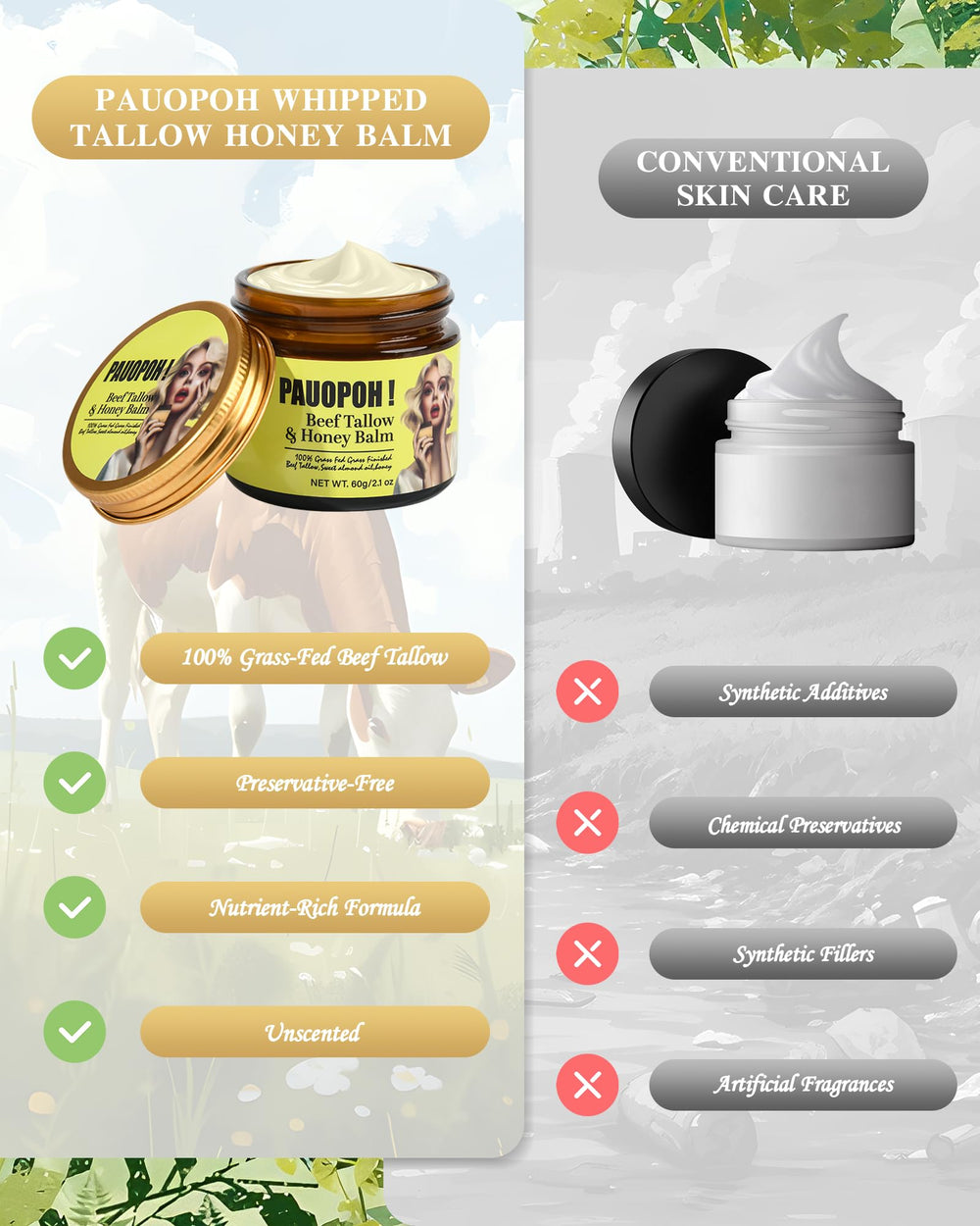 PAUOPOH natural ingredients label highlights grass-fed beef tallow and honey