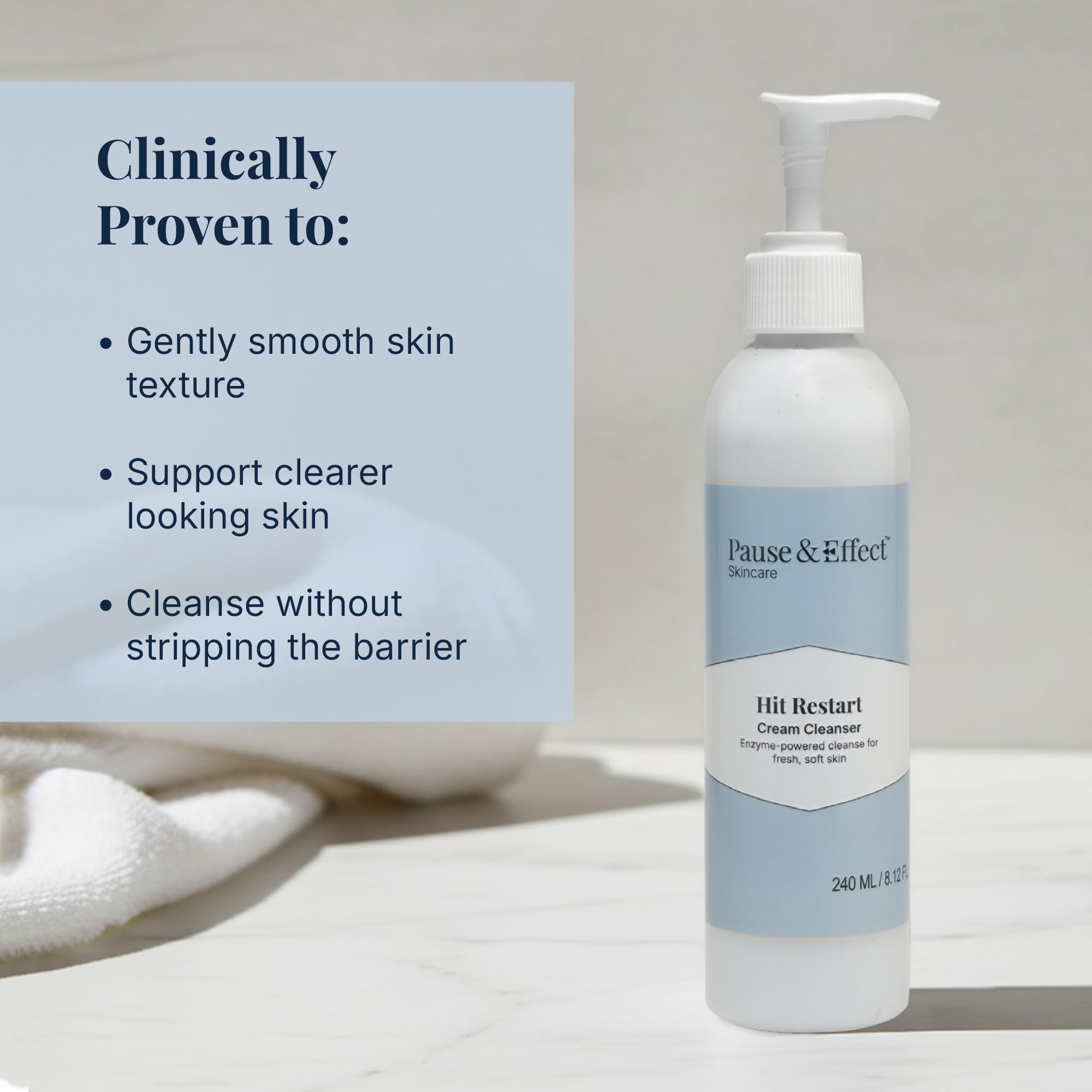 Pause & Effect cleanser pump dispense showing easy daily application