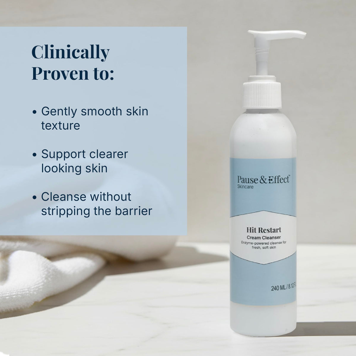 Pause & Effect cleanser pump dispense showing easy daily application