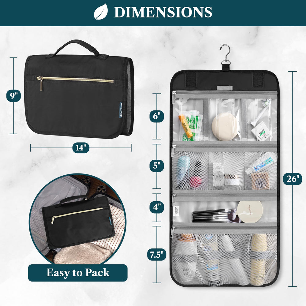 PAVILIA foldable toiletry bag unfolded reveals roomy compartments for cosmetics and skincare on trips.