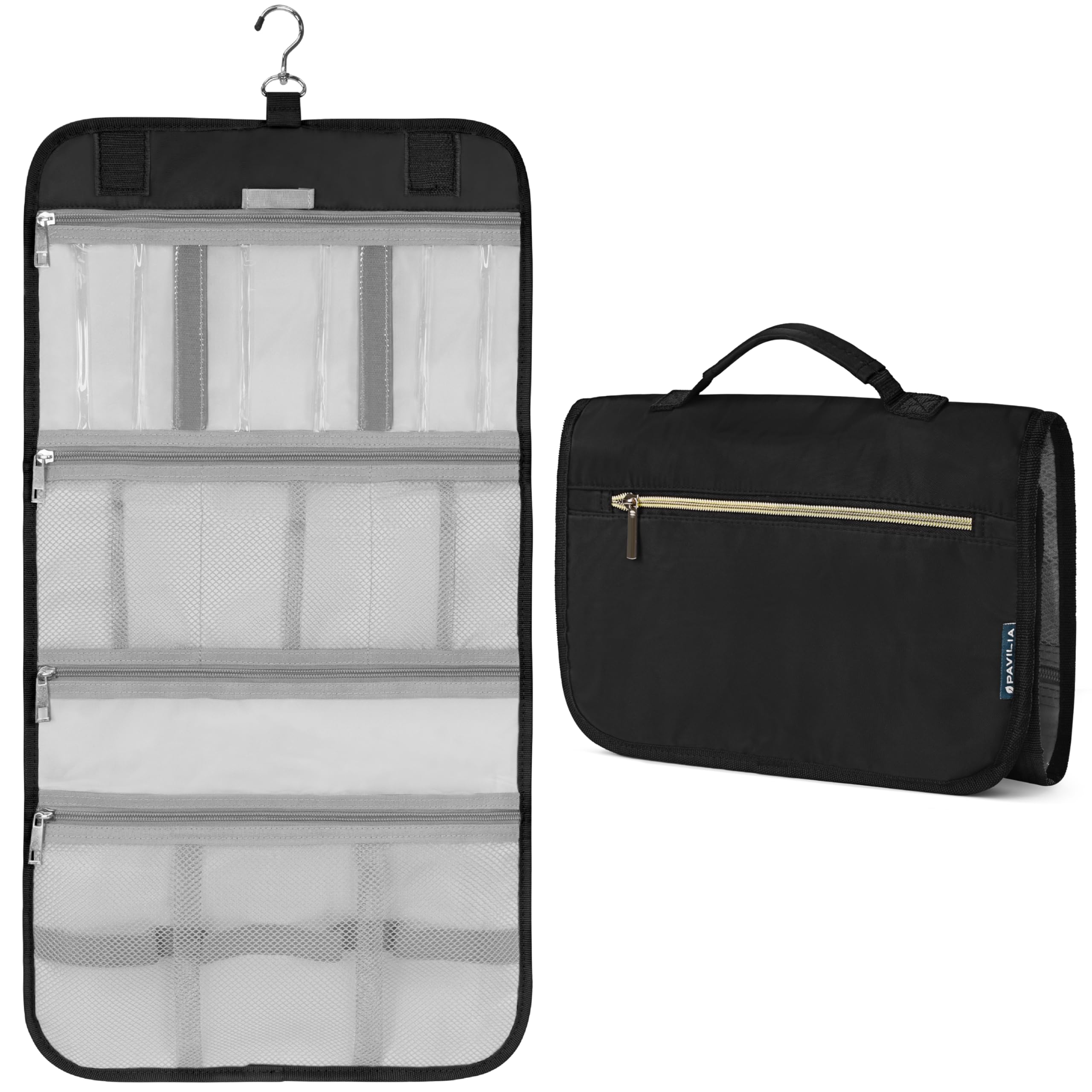 PAVILIA hanging toiletry bag compact on hook keeps essentials organized while traveling.