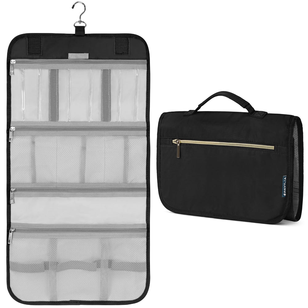 PAVILIA hanging toiletry bag compact on hook keeps essentials organized while traveling.