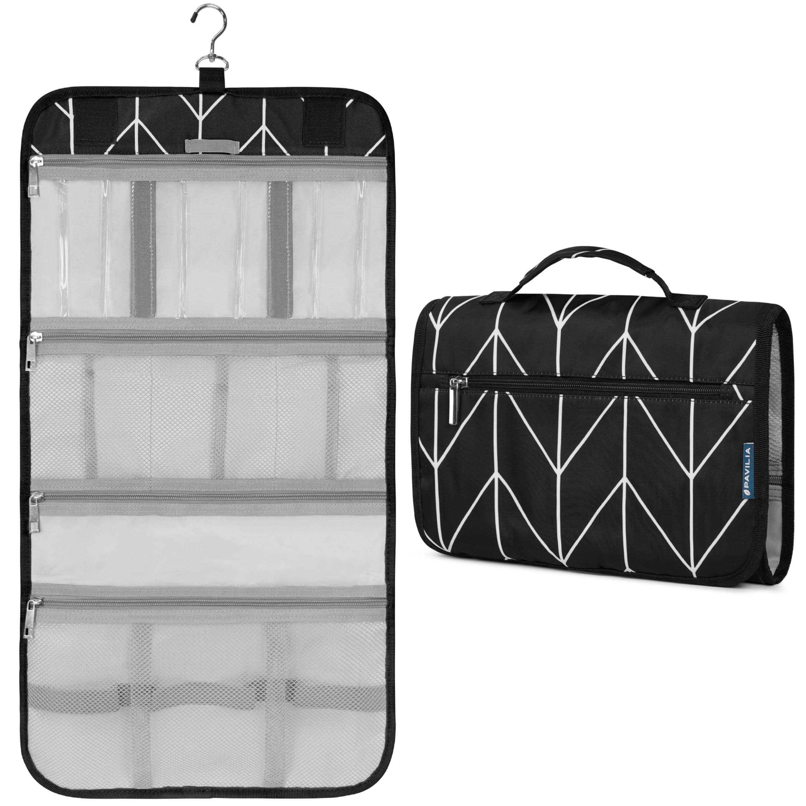 PAVILIA front view hanging toiletry bag for easy access on trips.