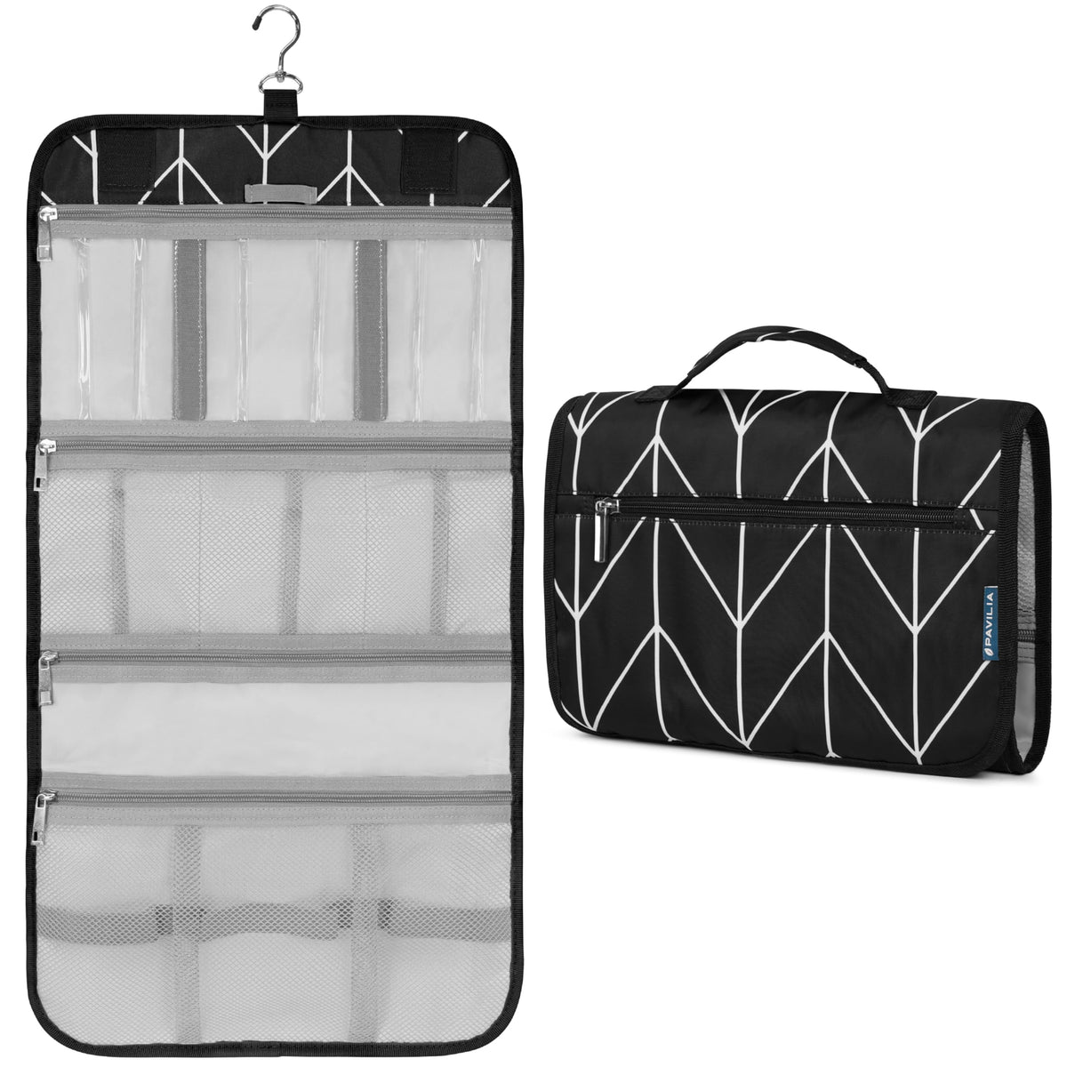 PAVILIA front view hanging toiletry bag for easy access on trips.