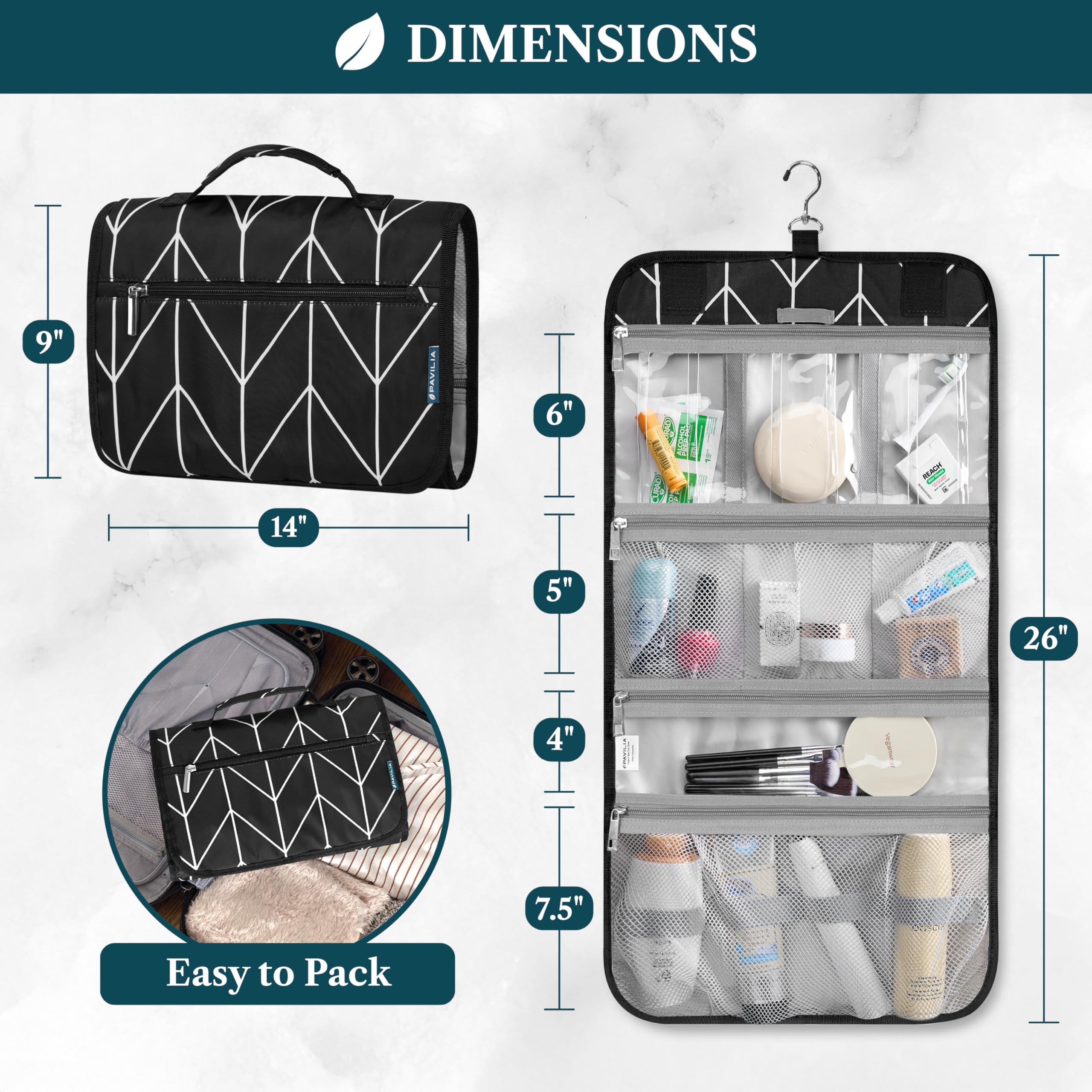 PAVILIA opened bag shows four compartments for organized packing.