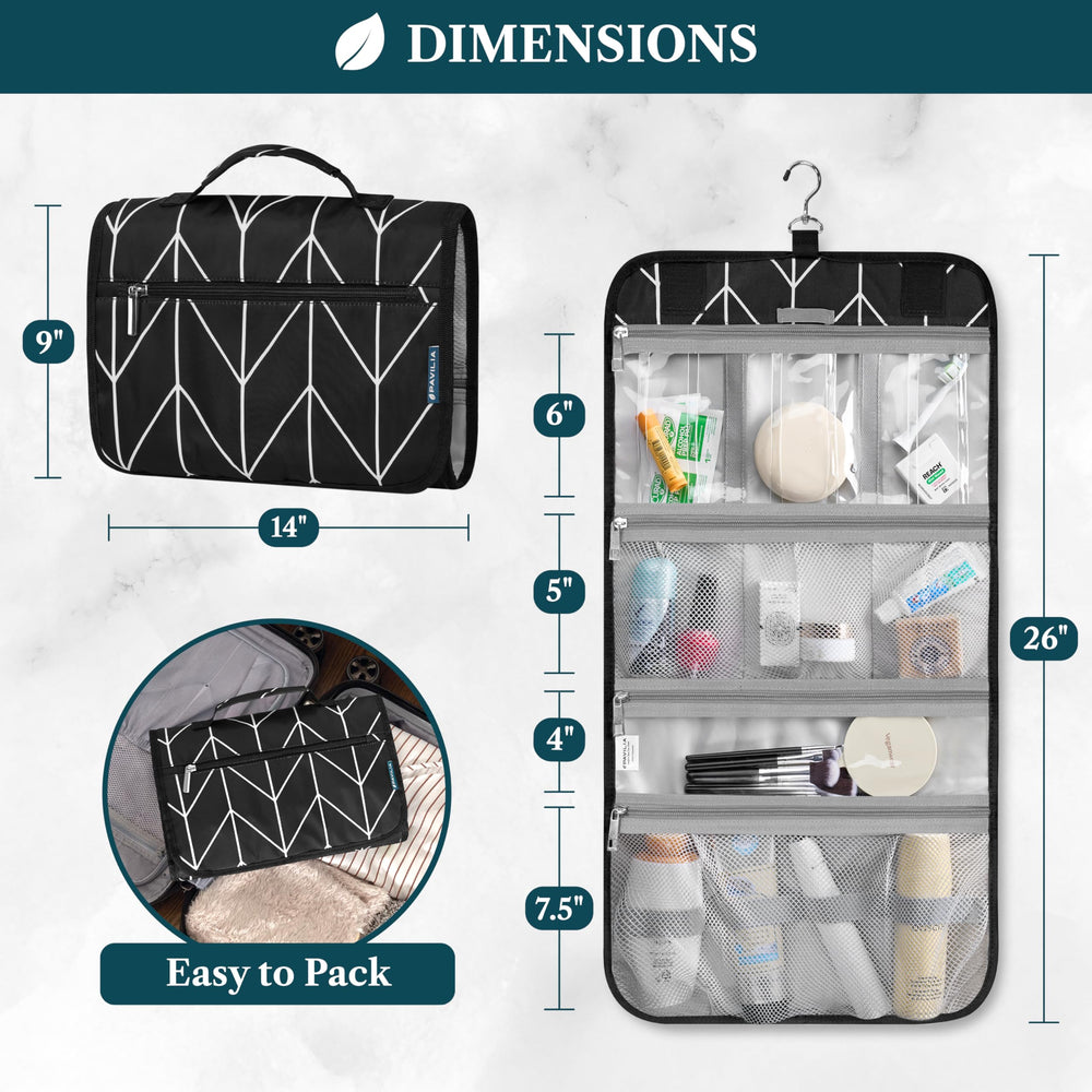 PAVILIA opened bag shows four compartments for organized packing.