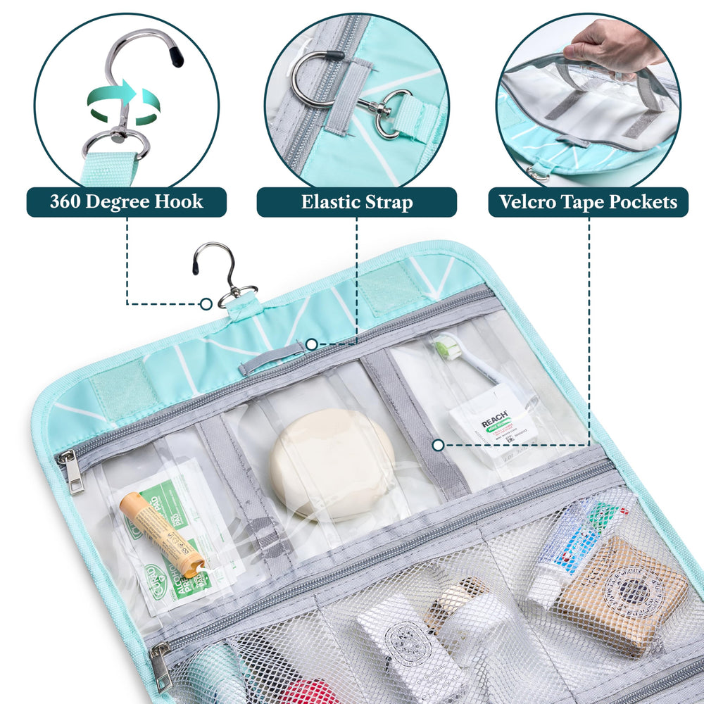 PAVILIA hanging toiletry bag shown hanging for easy bathroom access.