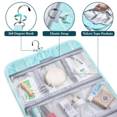 PAVILIA hanging toiletry bag shown hanging for easy bathroom access.