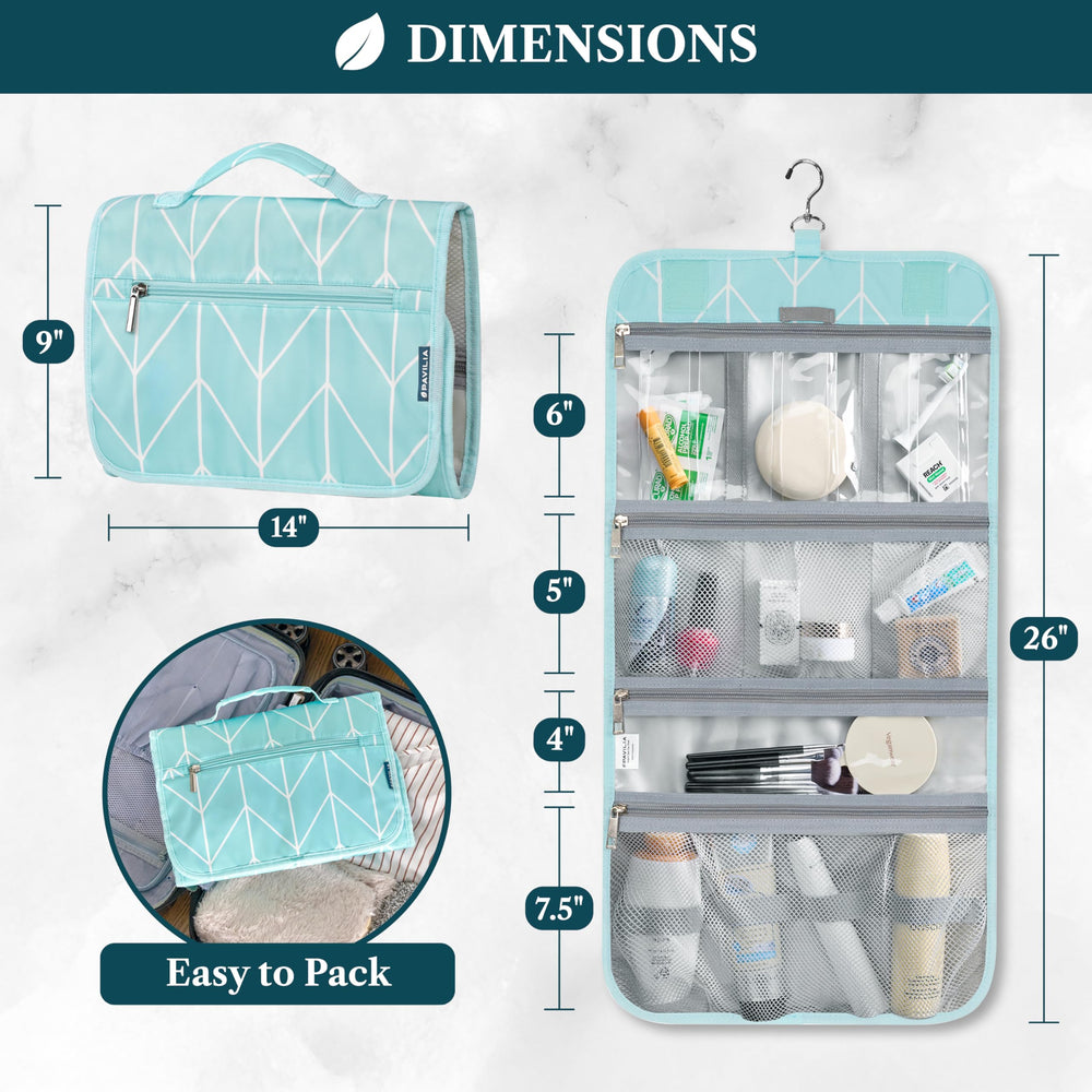 PAVILIA hanging toiletry bag teal-chevron open with four compartments for organized packing.