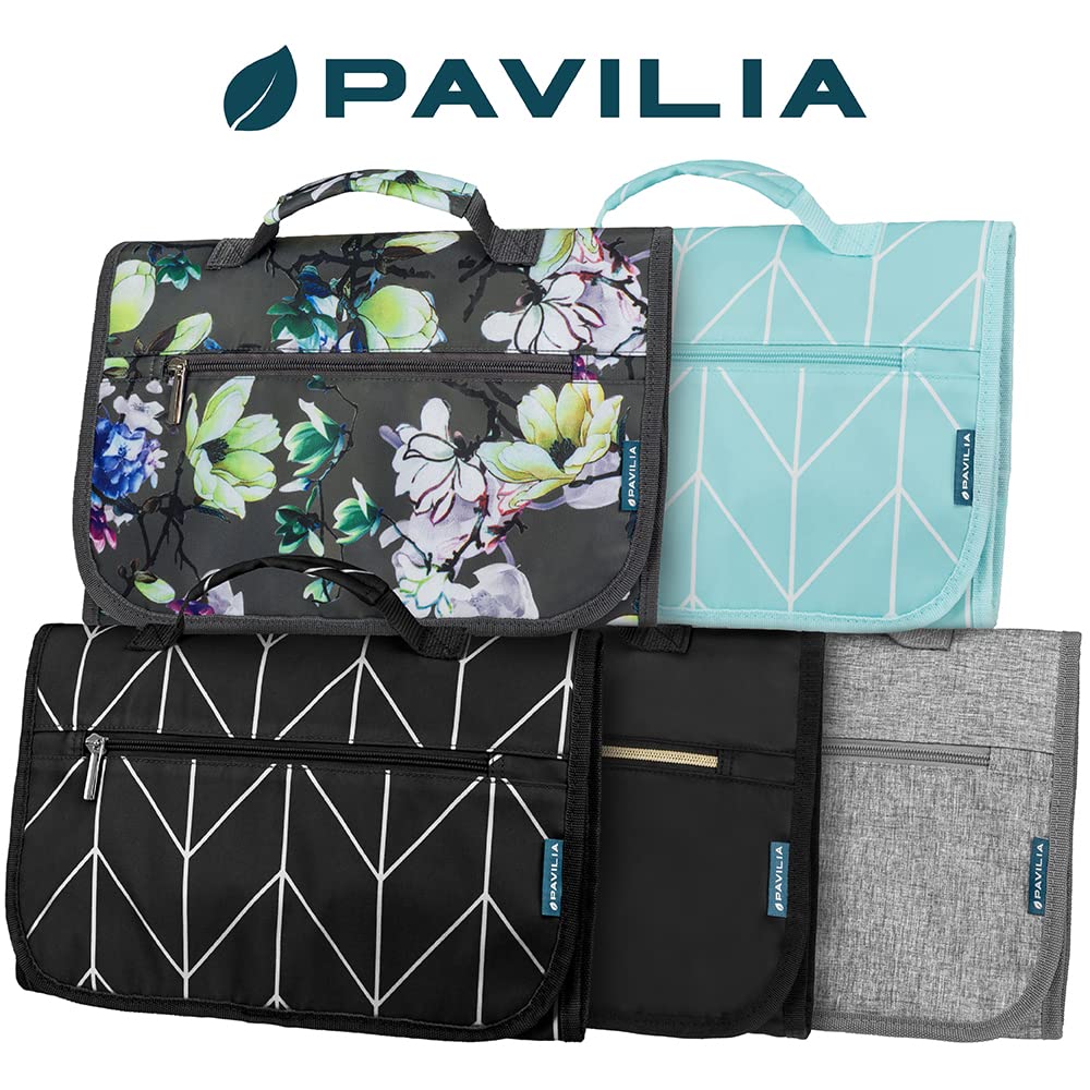 PAVILIA hanging toiletry bag ready to fit in luggage or backpack.