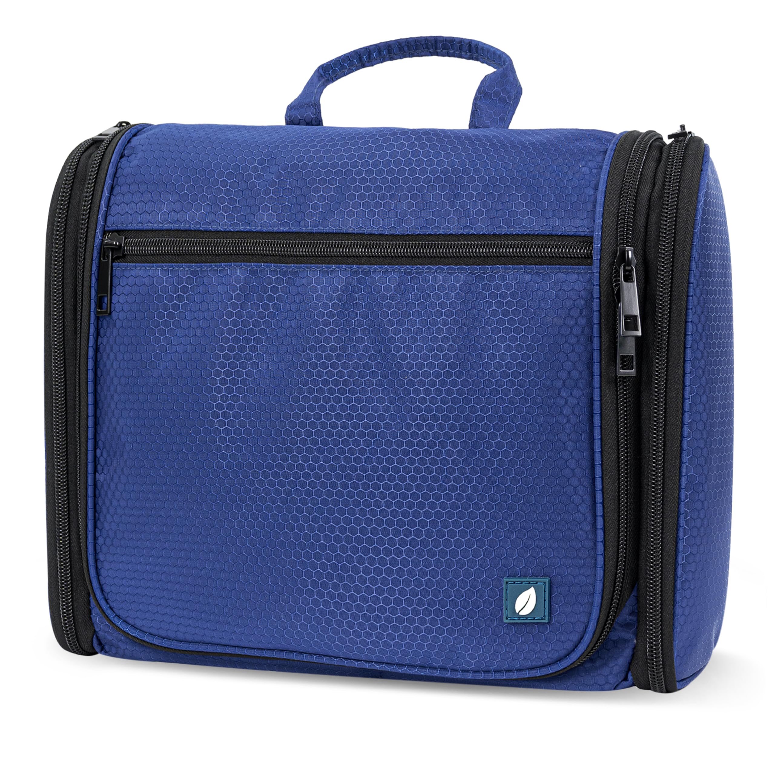 PAVILIA large hanging toiletry bag folded for compact travel storage.