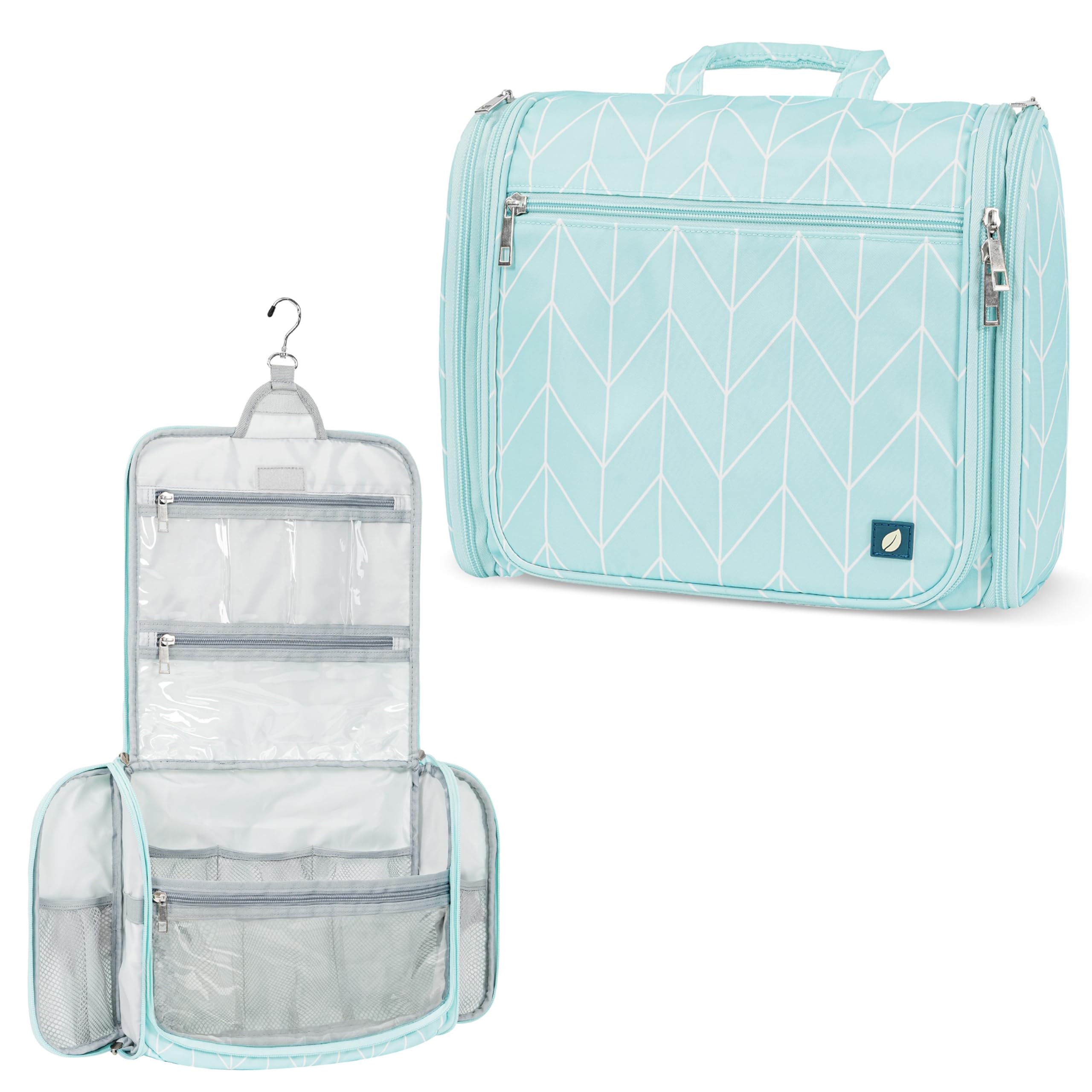 PAVILIA teal chevron hanging toiletry bag keeps cosmetics organized on the go.