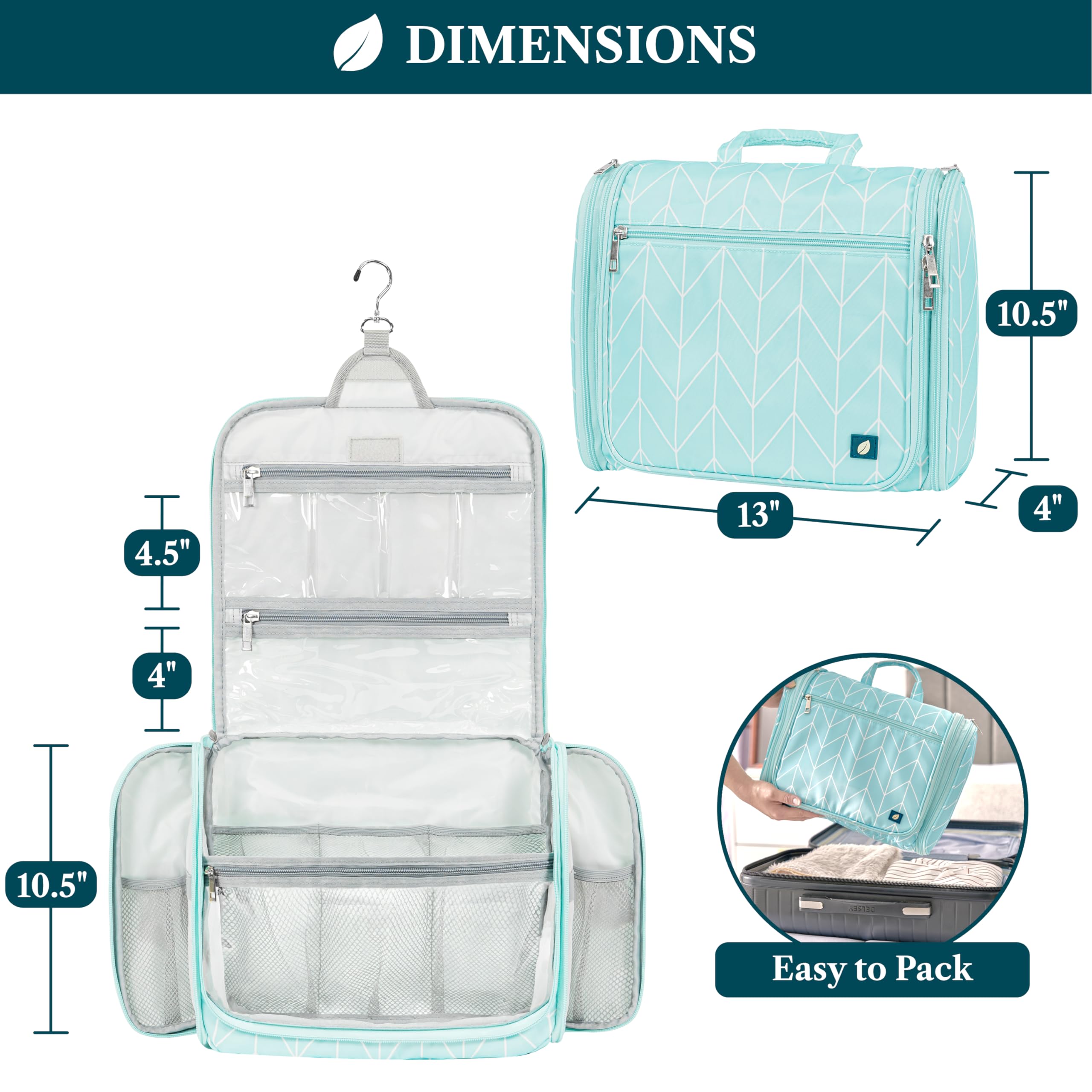 PAVILIA teal chevron bag shows large central compartment for bottles and creams.