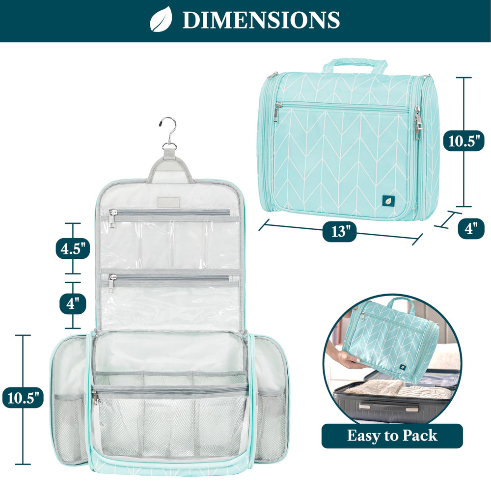 PAVILIA teal chevron bag shows large central compartment for bottles and creams.
